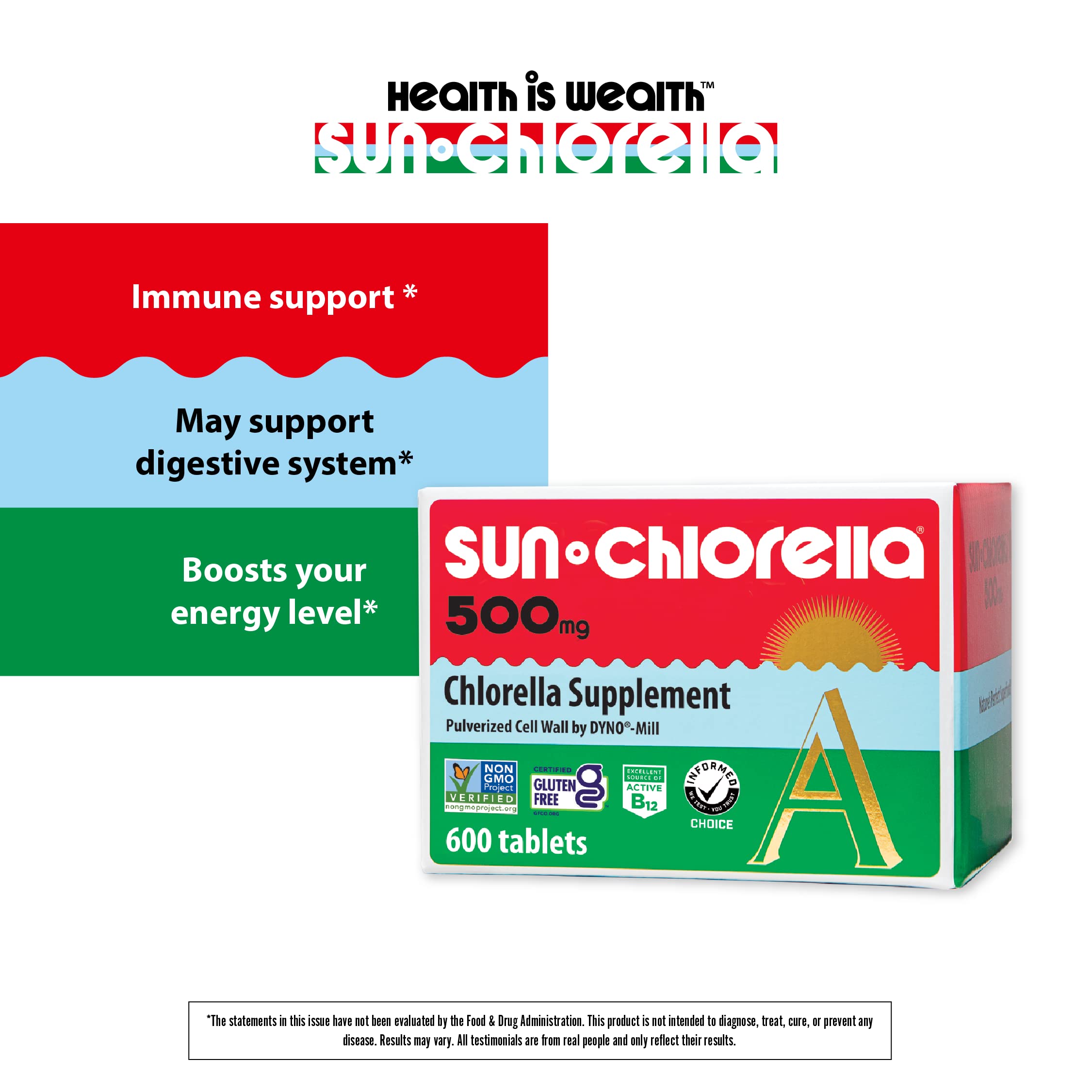 Sun Chlorella front label closeup emphasizes non-GMO clean formula and nutrients.