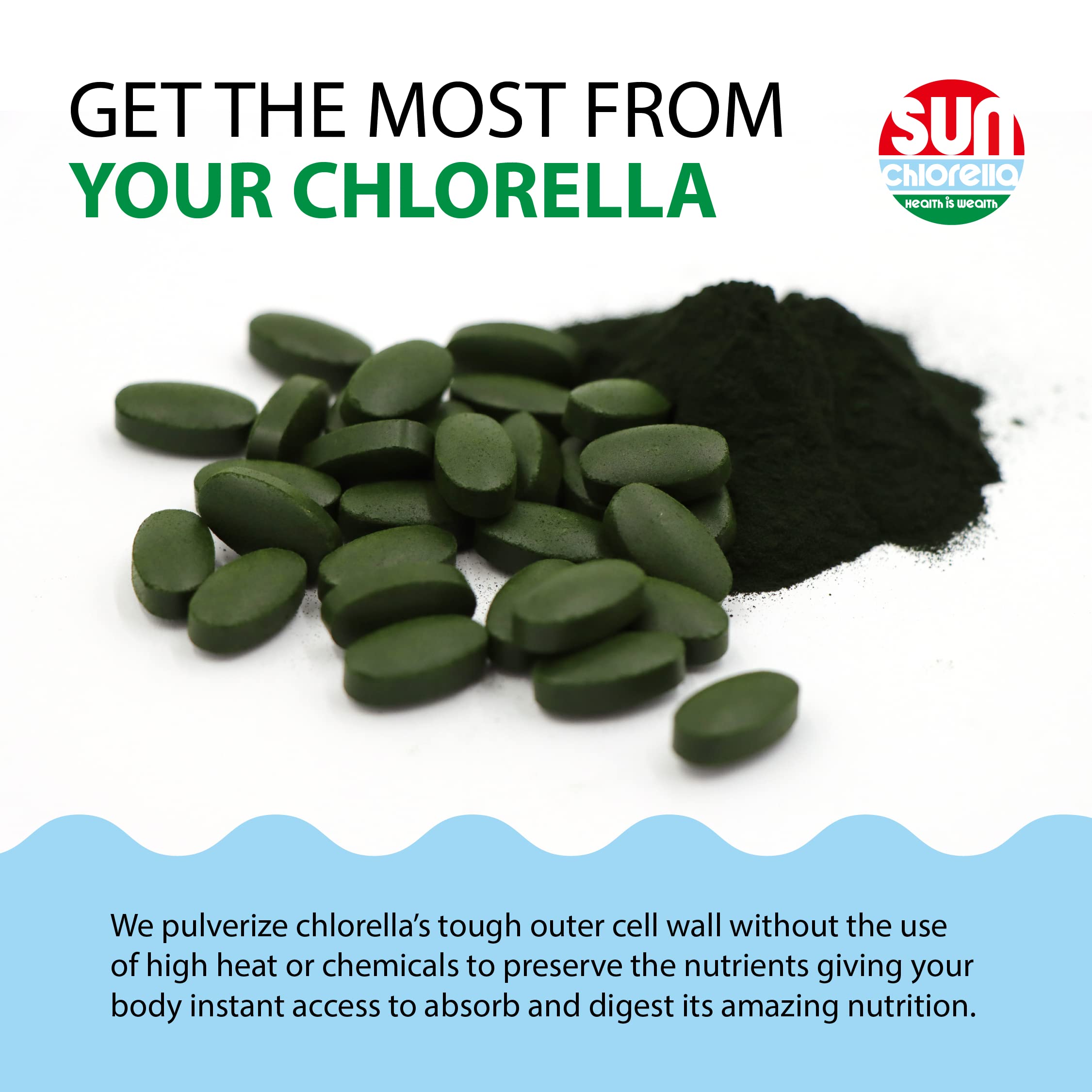 Sun Chlorella bottle with a tablet and water glass for daily routine and hydration.