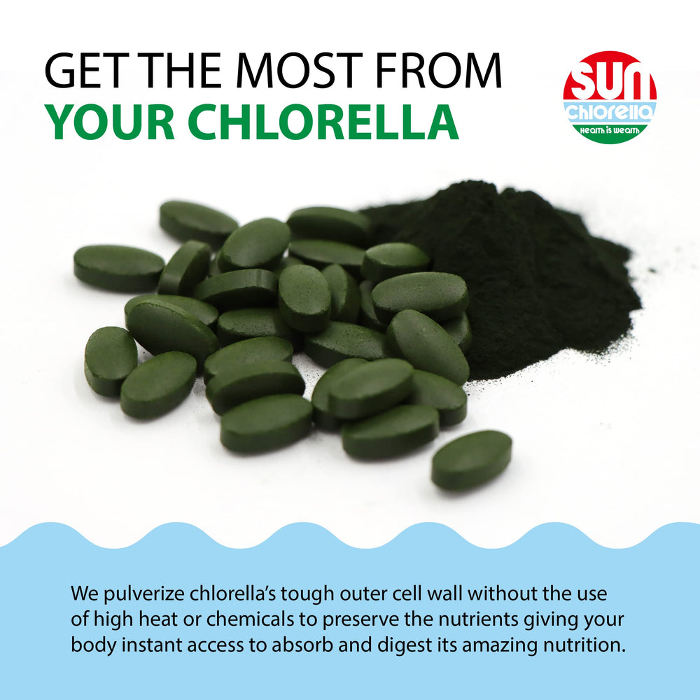 Sun Chlorella bottle with a tablet and water glass for daily routine and hydration.