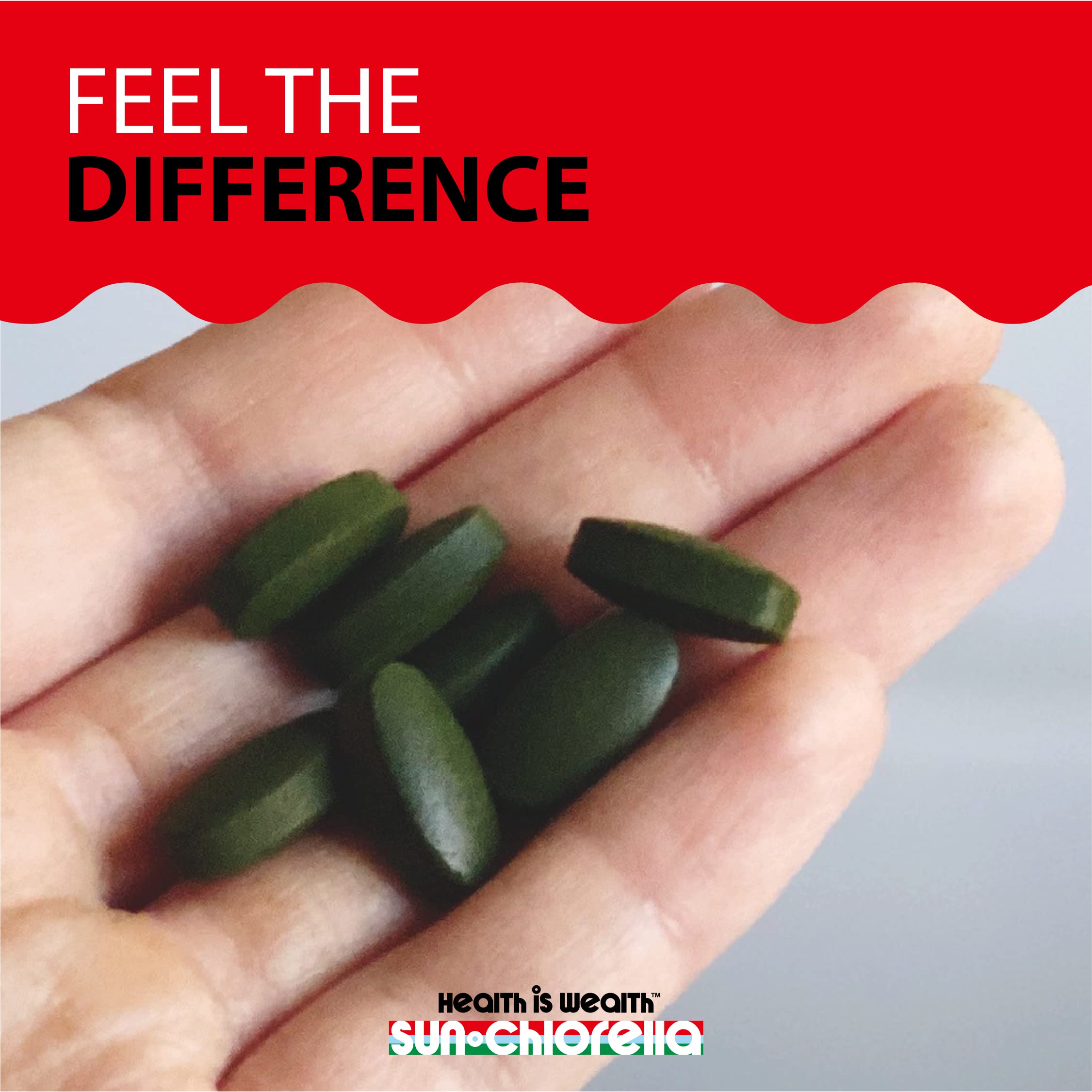 Sun Chlorella 500mg tablet on kitchen counter promotes daily wellness.