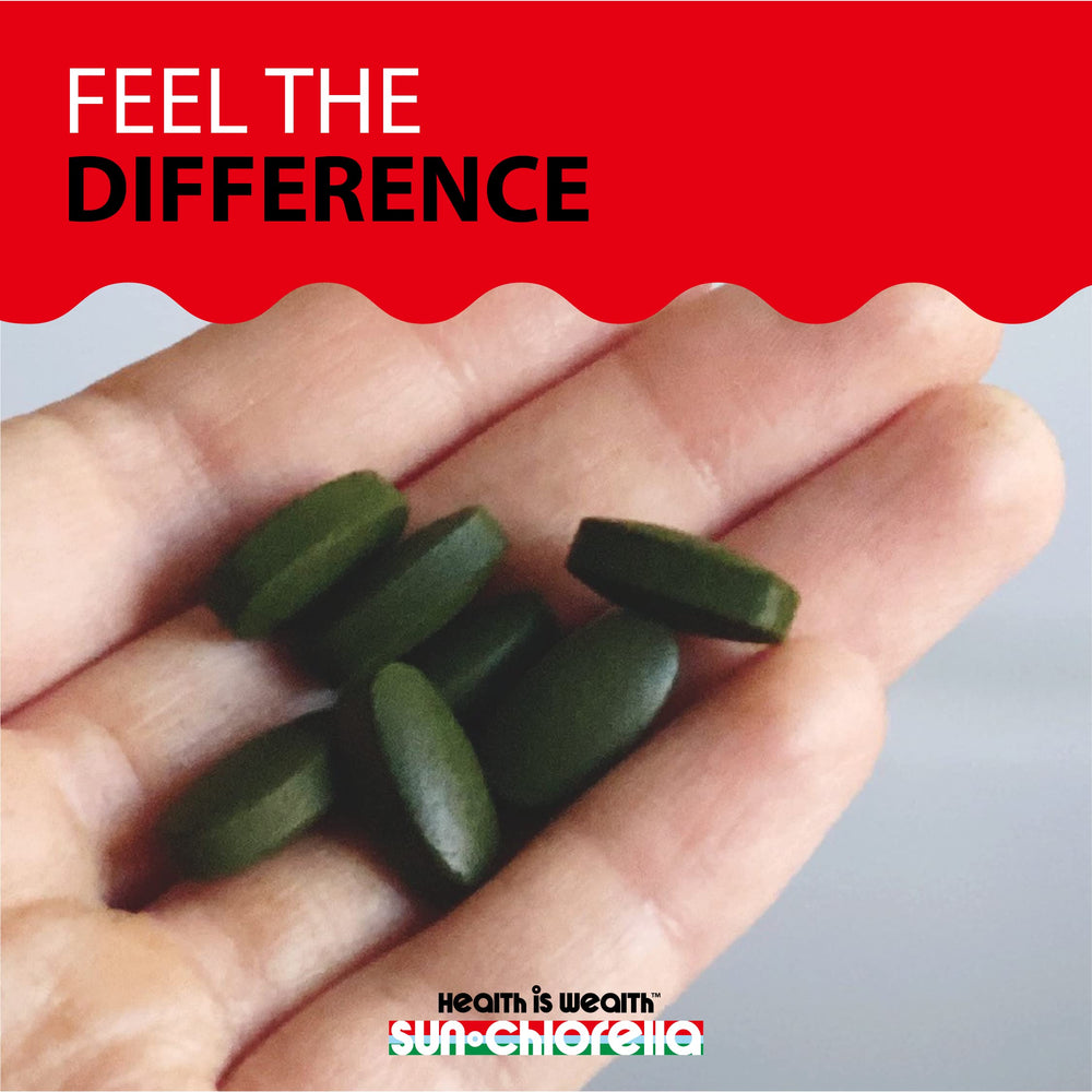Sun Chlorella 500mg tablet on kitchen counter promotes daily wellness.