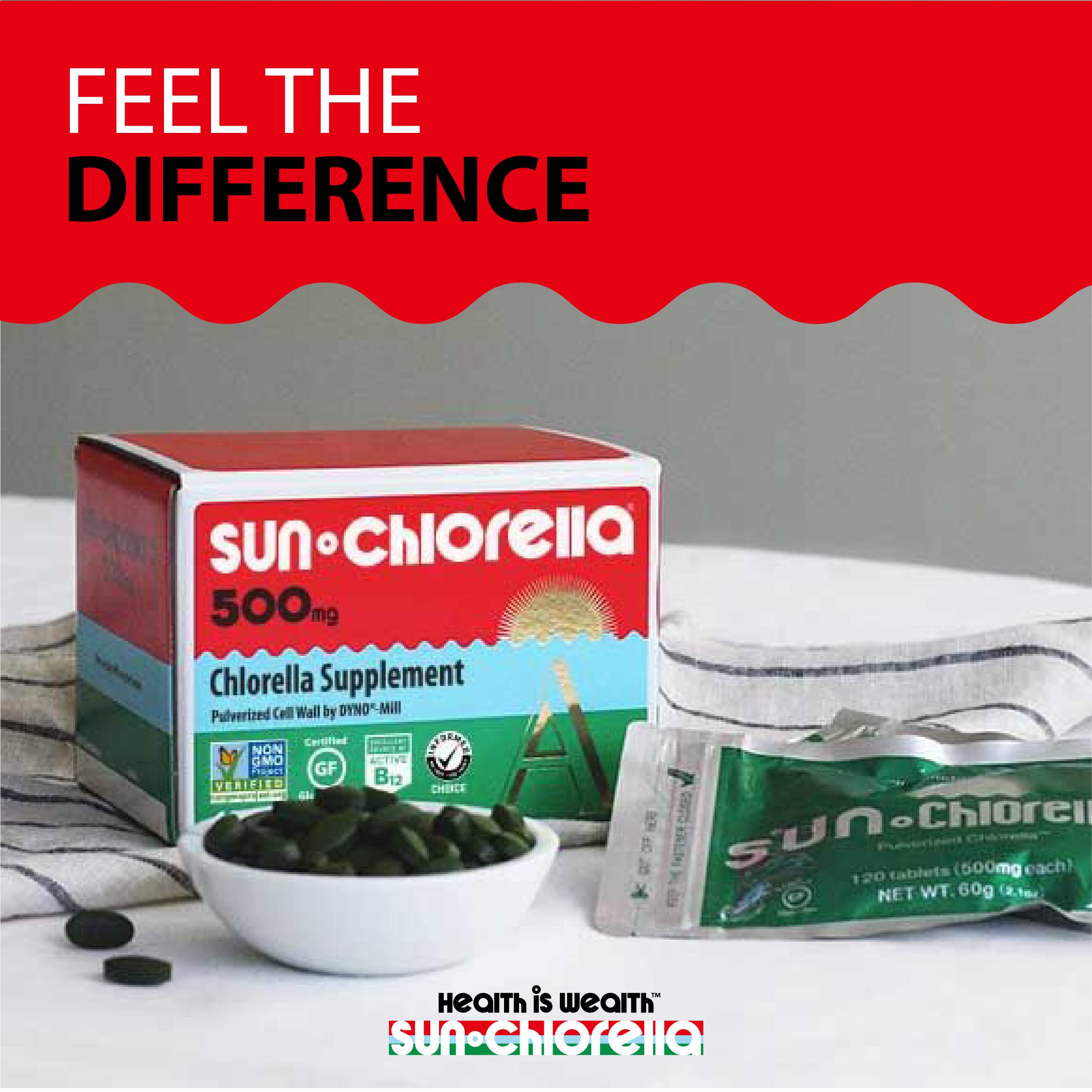 Sun Chlorella purity seal communicates rigorous testing and quality.