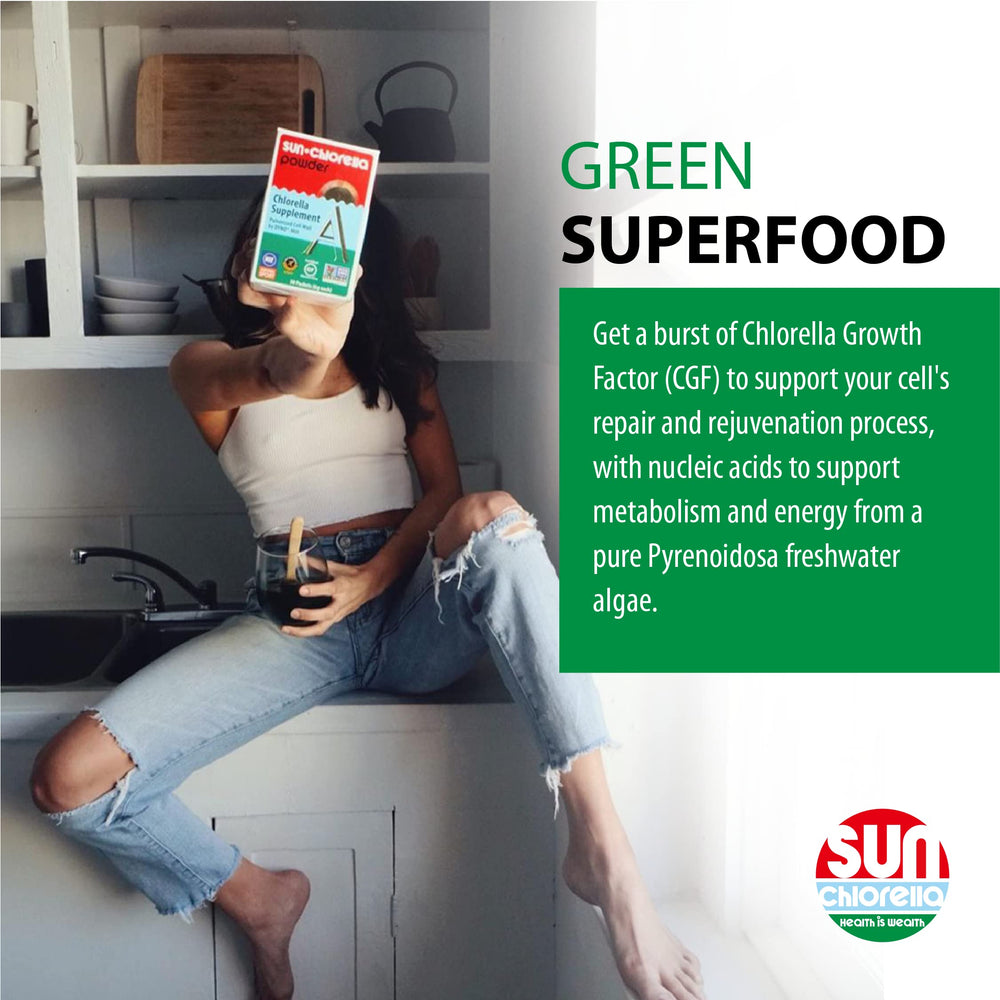Sun Chlorella chlorophyll-rich tablets for daily greens intake.