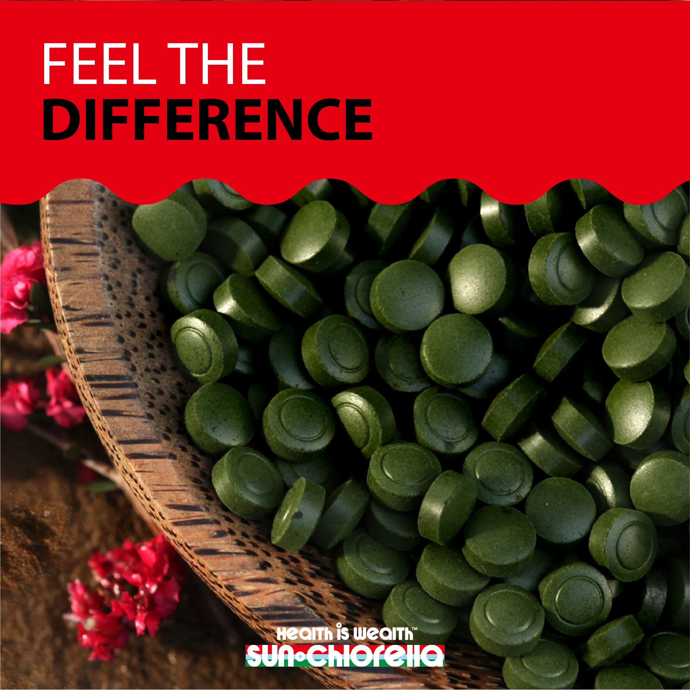 Sun Chlorella natural ingredients graphic emphasizes clean, GMO-free formula.