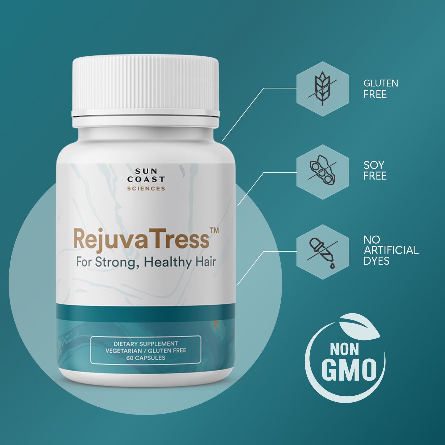 SUN COAST SCIENCES RejuvaTress AnaGain Nu image emphasizes pea sprout extract benefits.