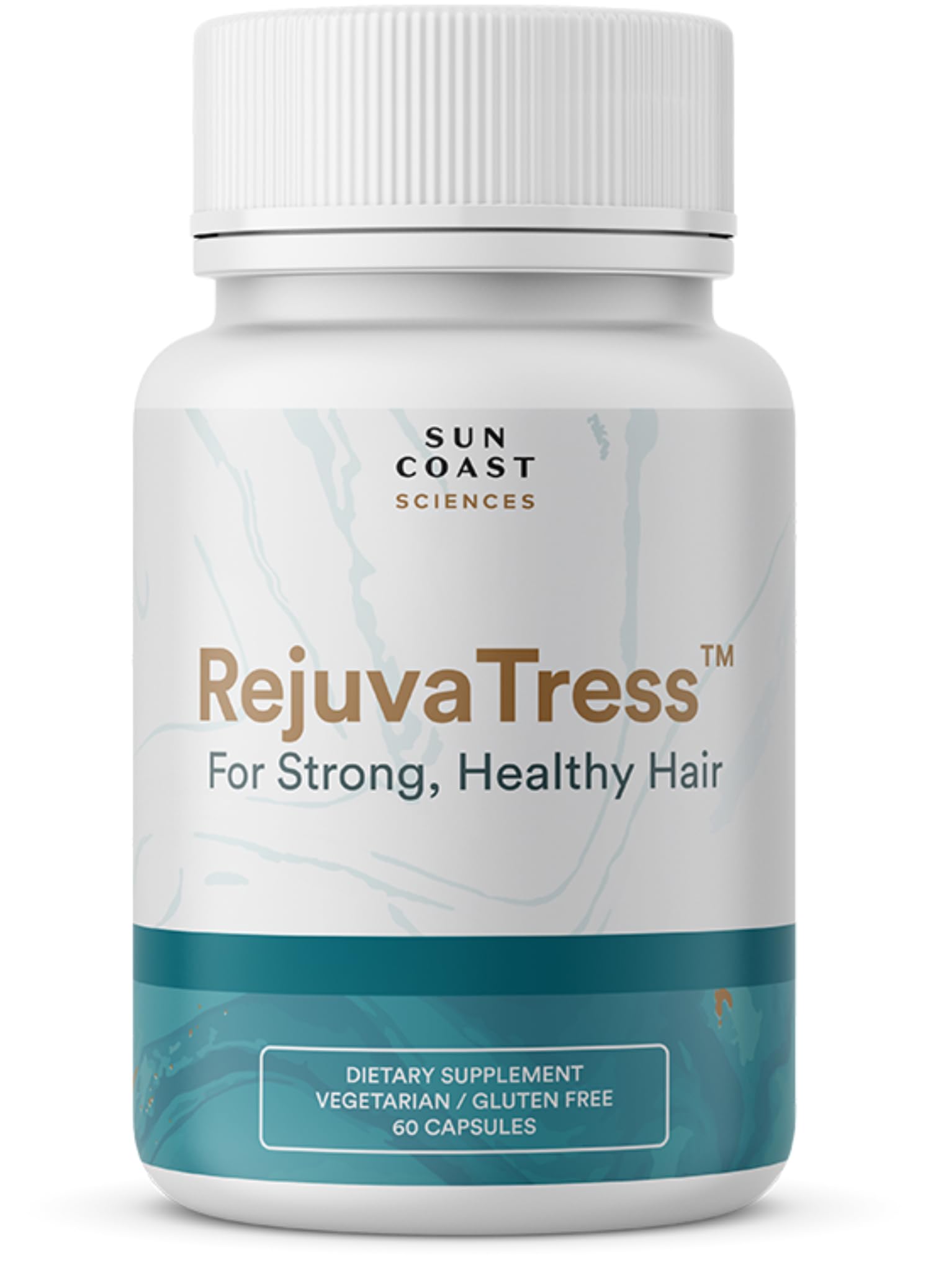 SUN COAST SCIENCES RejuvaTress bottle pour shows easy daily dosage for hair support.