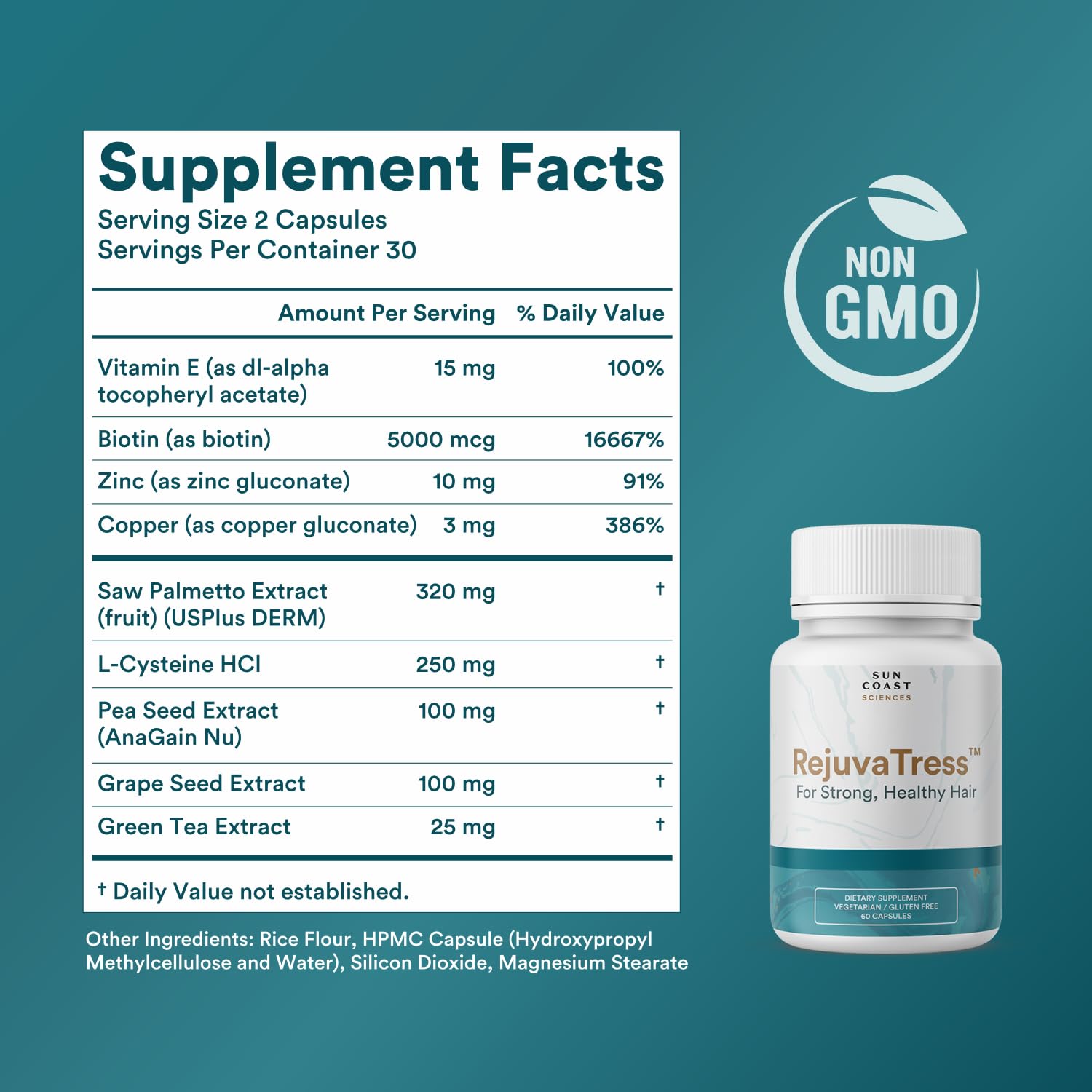 SUN COAST SCIENCES RejuvaTress capsules closeup highlighting plant-based ingredients for hair health.