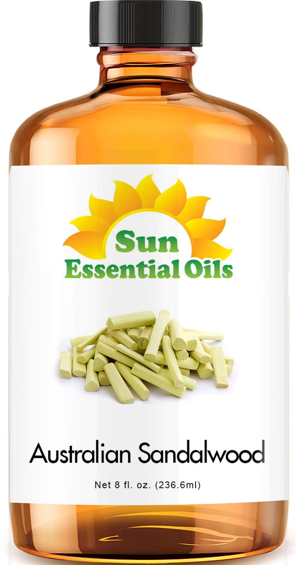Sun Essential Oils Australian Sandalwood 8oz bottle ideal for diffusion and skin care routines.