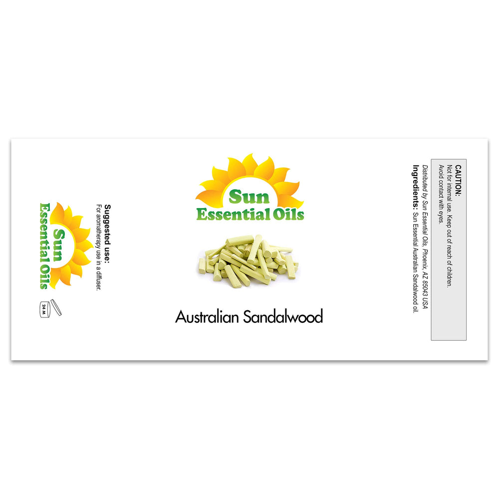 Sun Essential Oils Australian Sandalwood dropper bottle highlighted for easy dosing in blends.