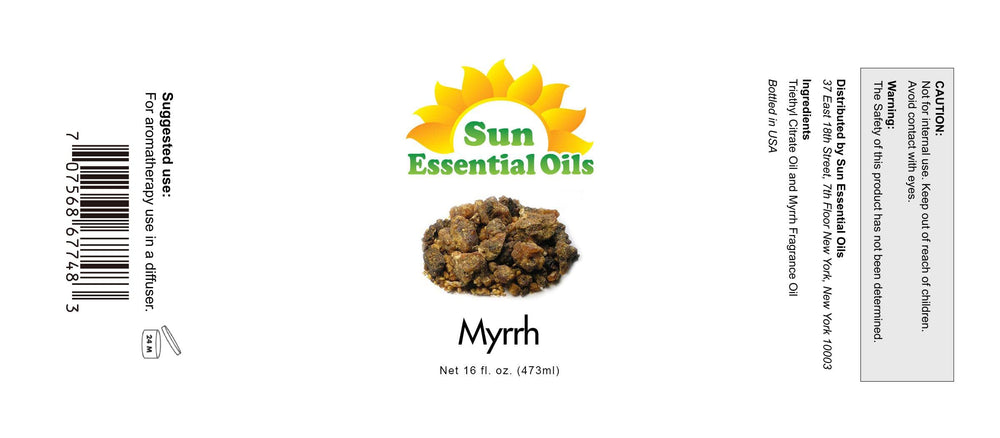 Sun Essential Oils Myrrh amber bottle closeup preserves oil quality for skincare.