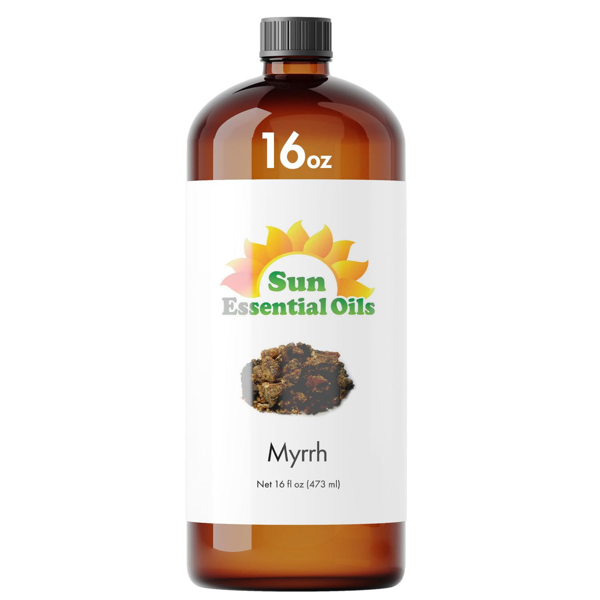 Sun Essential Oils Myrrh oil bottle evokes a calming diffuser session.