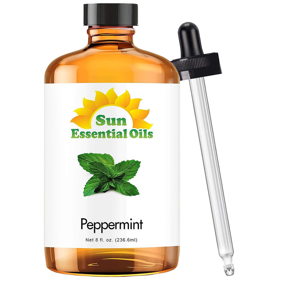 Sun Essential Oils peppermint oil with dropper ready for diffuser use and aromatherapy benefits