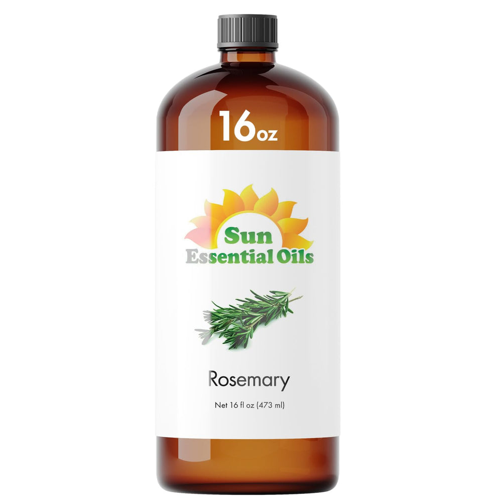 Sun Essential Oils Rosemary bottle pour for easy diffusion and scalp care.