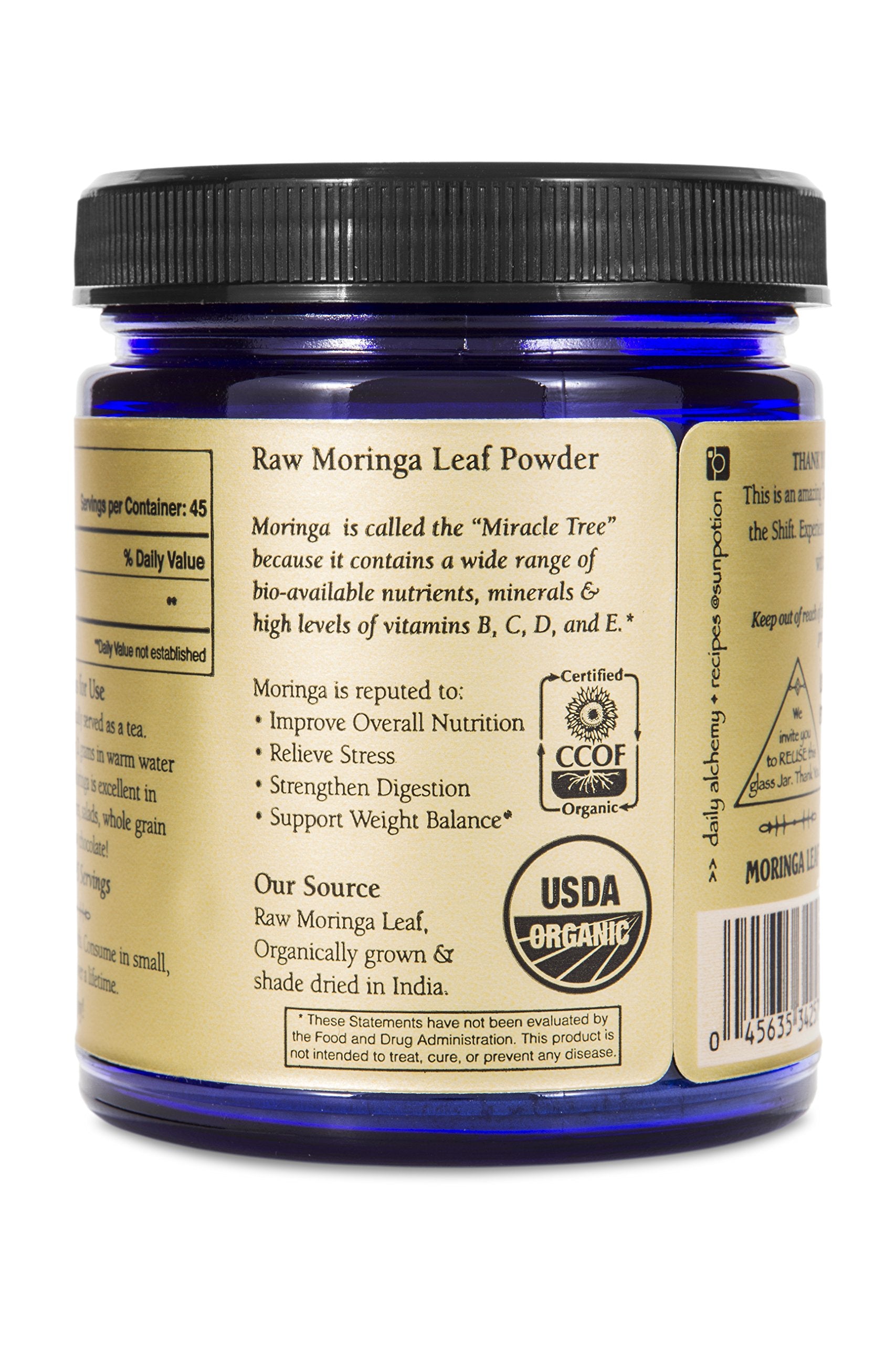 Packaging and label of Sun Potion Moringa Leaf Powder for pantry access.