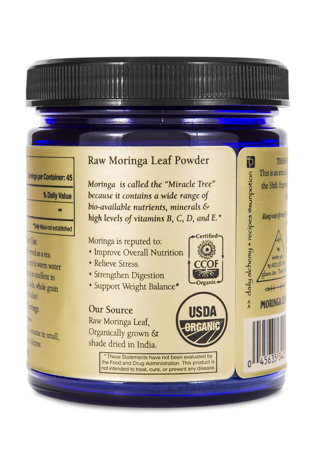 Packaging and label of Sun Potion Moringa Leaf Powder for pantry access.