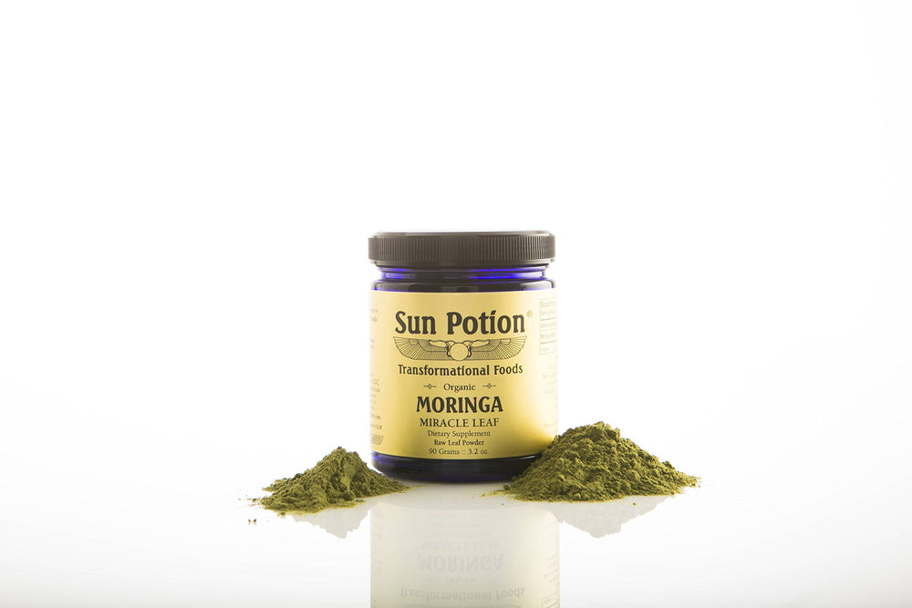 Sun Potion Moringa Leaf Powder steeped in tea for a calming ritual.