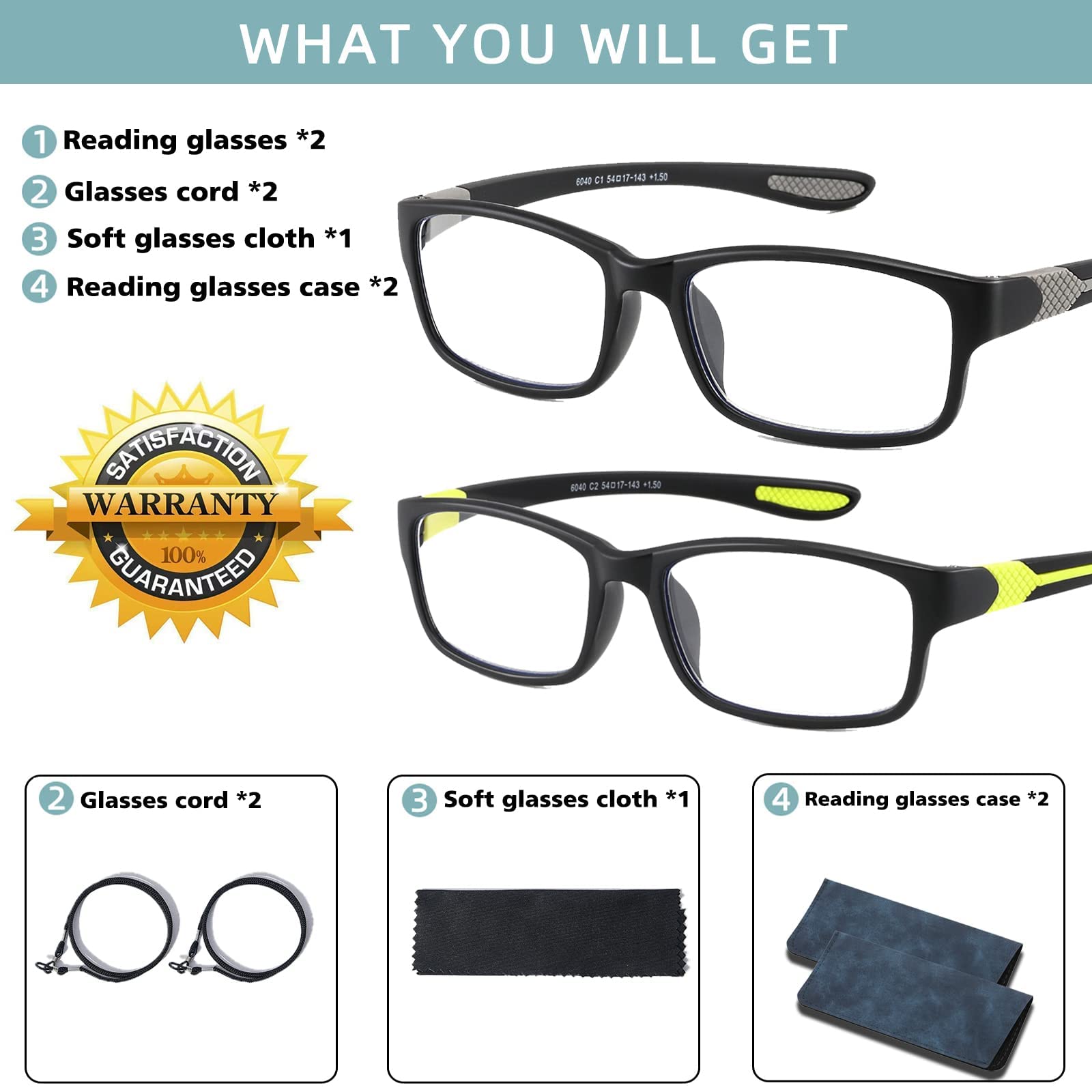 SUNAMOY accessories including cords, cleaning cloth, and cases for care