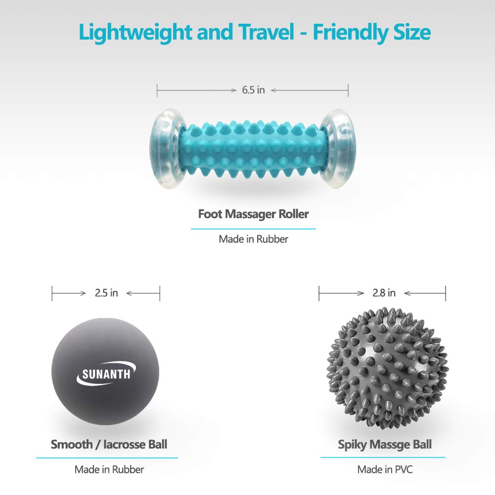 SUNANTH Spiky Ball targets tight feet and calves for plantar fascia support.