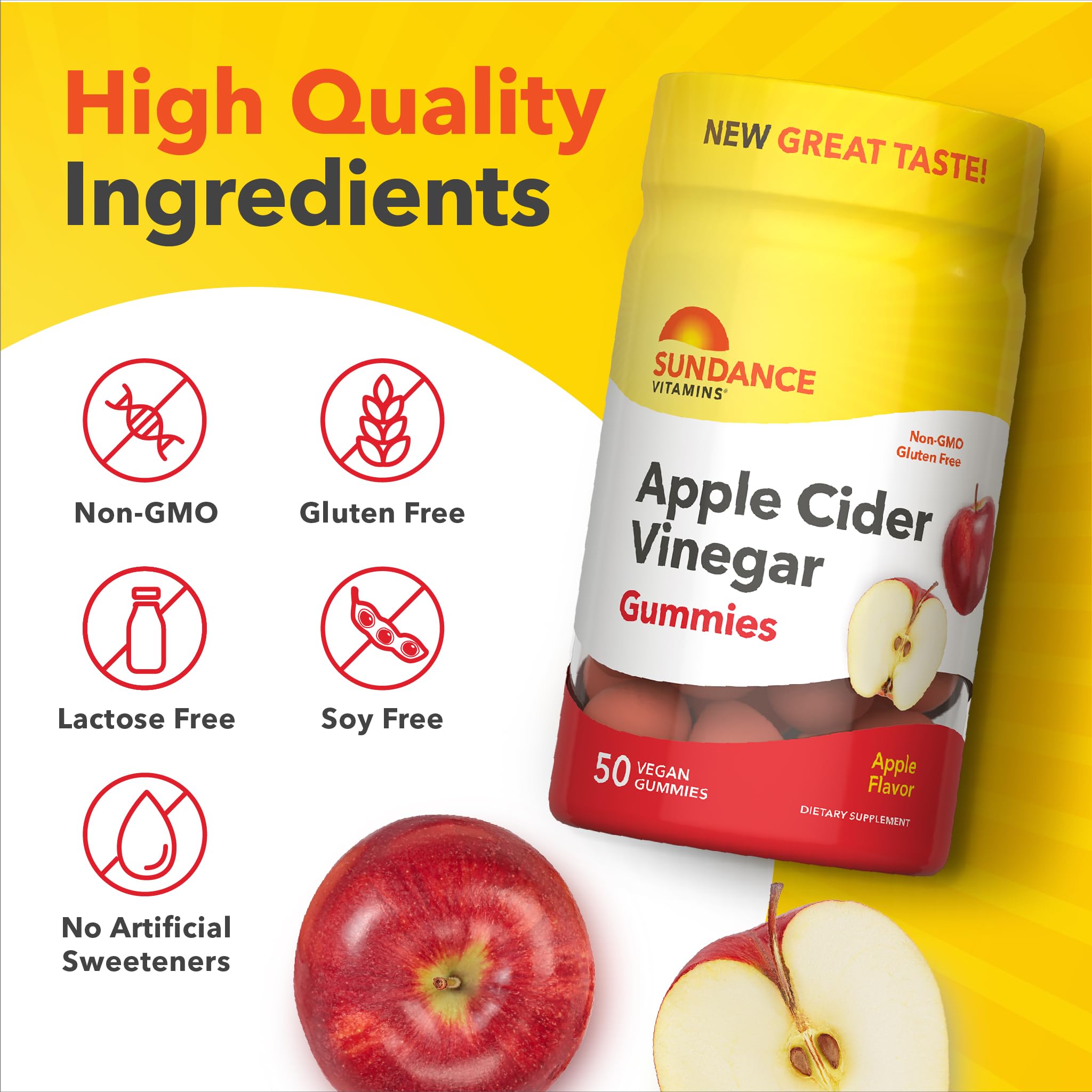 Sundance Apple Cider Vinegar Gummies ingredients label close-up highlights vegan, non-GMO options.