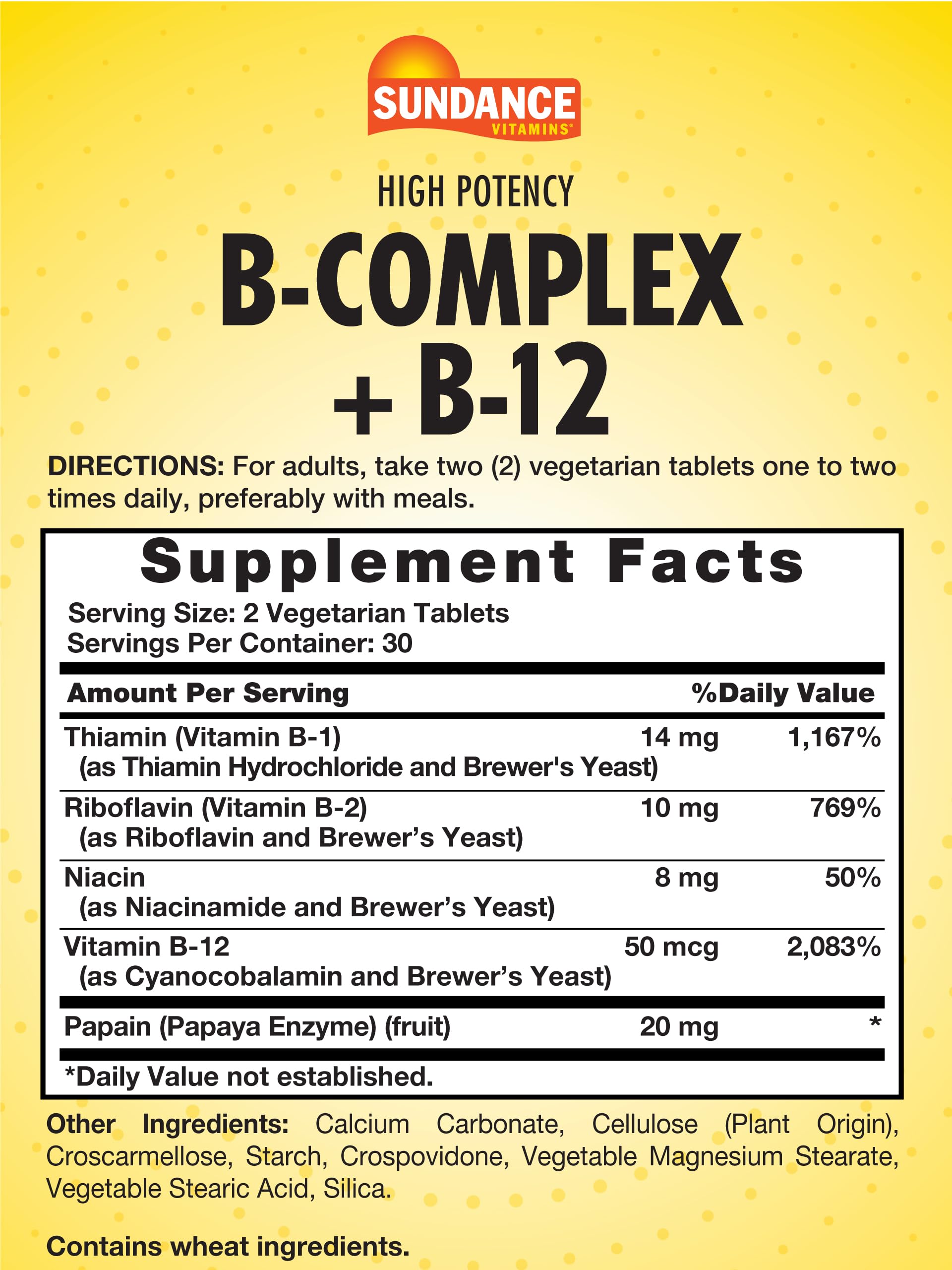 Sundance B-Complex label highlighting vegetarian and non-GMO ingredients