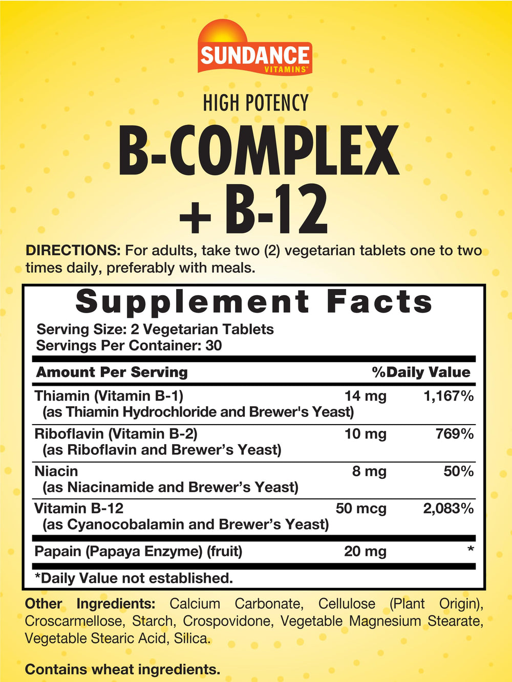 Sundance B-Complex label highlighting vegetarian and non-GMO ingredients