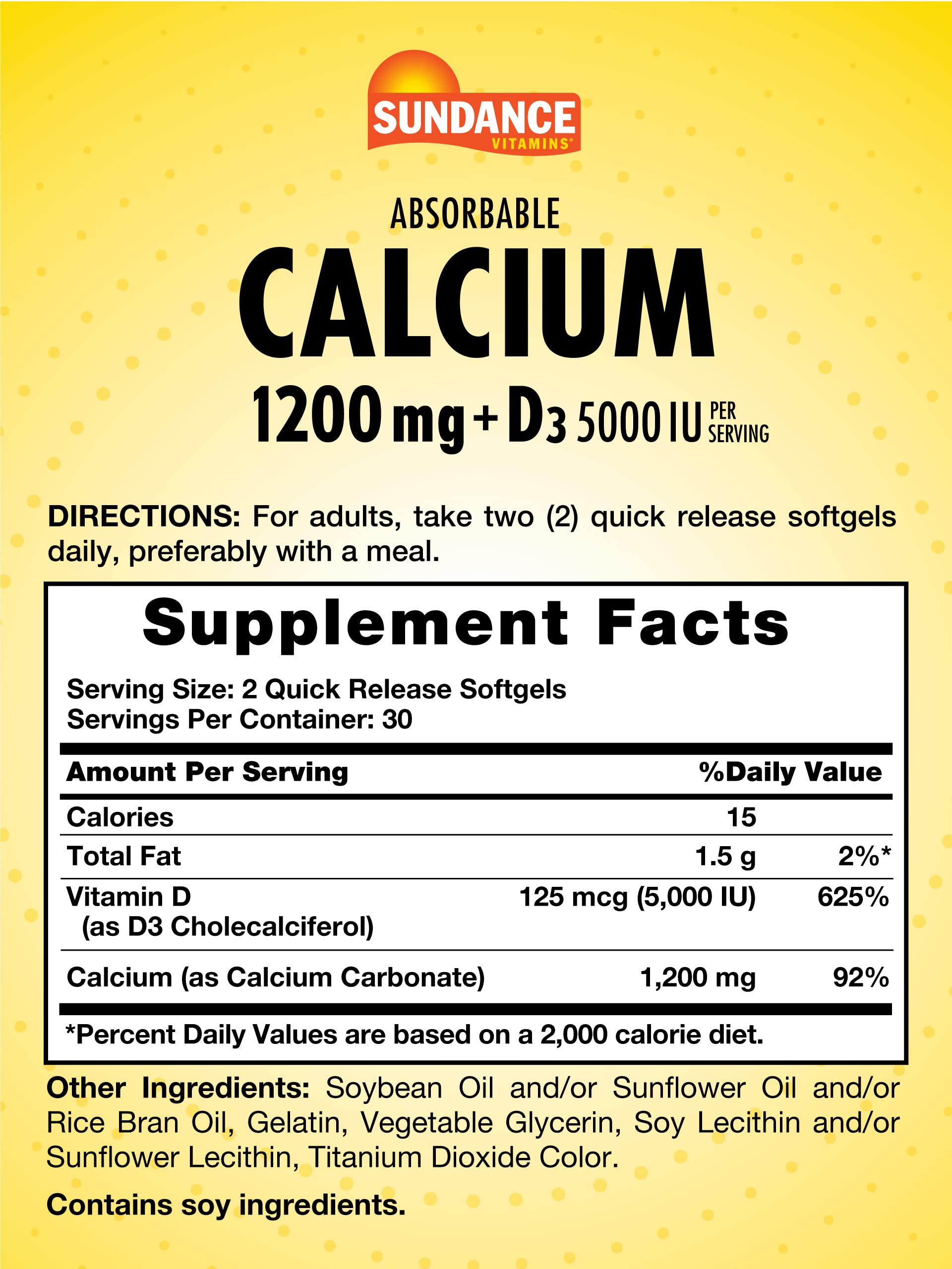 Sundance Calcium 1200 mg with D3 softgels label shows non-GMO gluten-free formulation