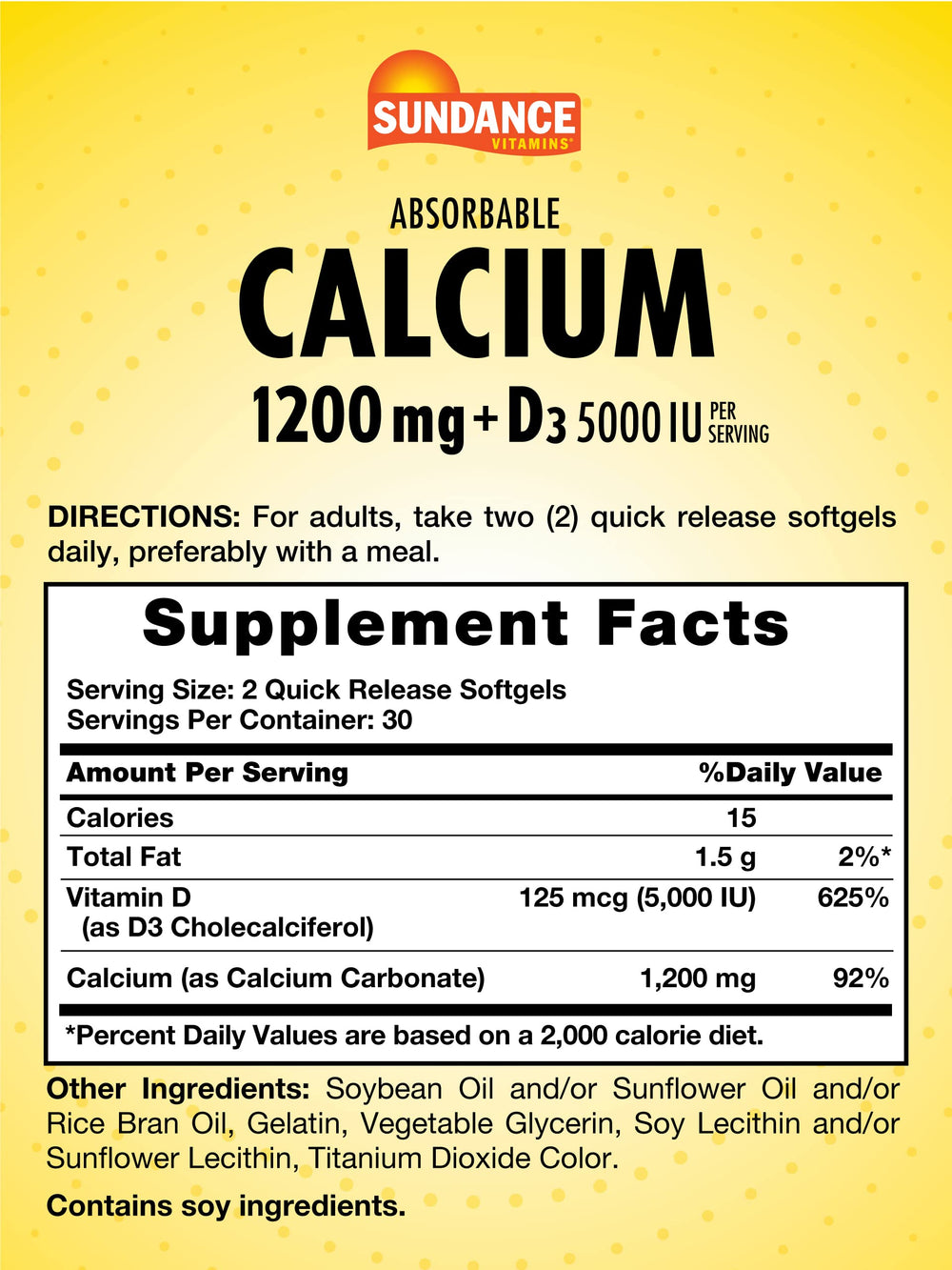 Sundance Calcium 1200 mg with D3 softgels label shows non-GMO gluten-free formulation