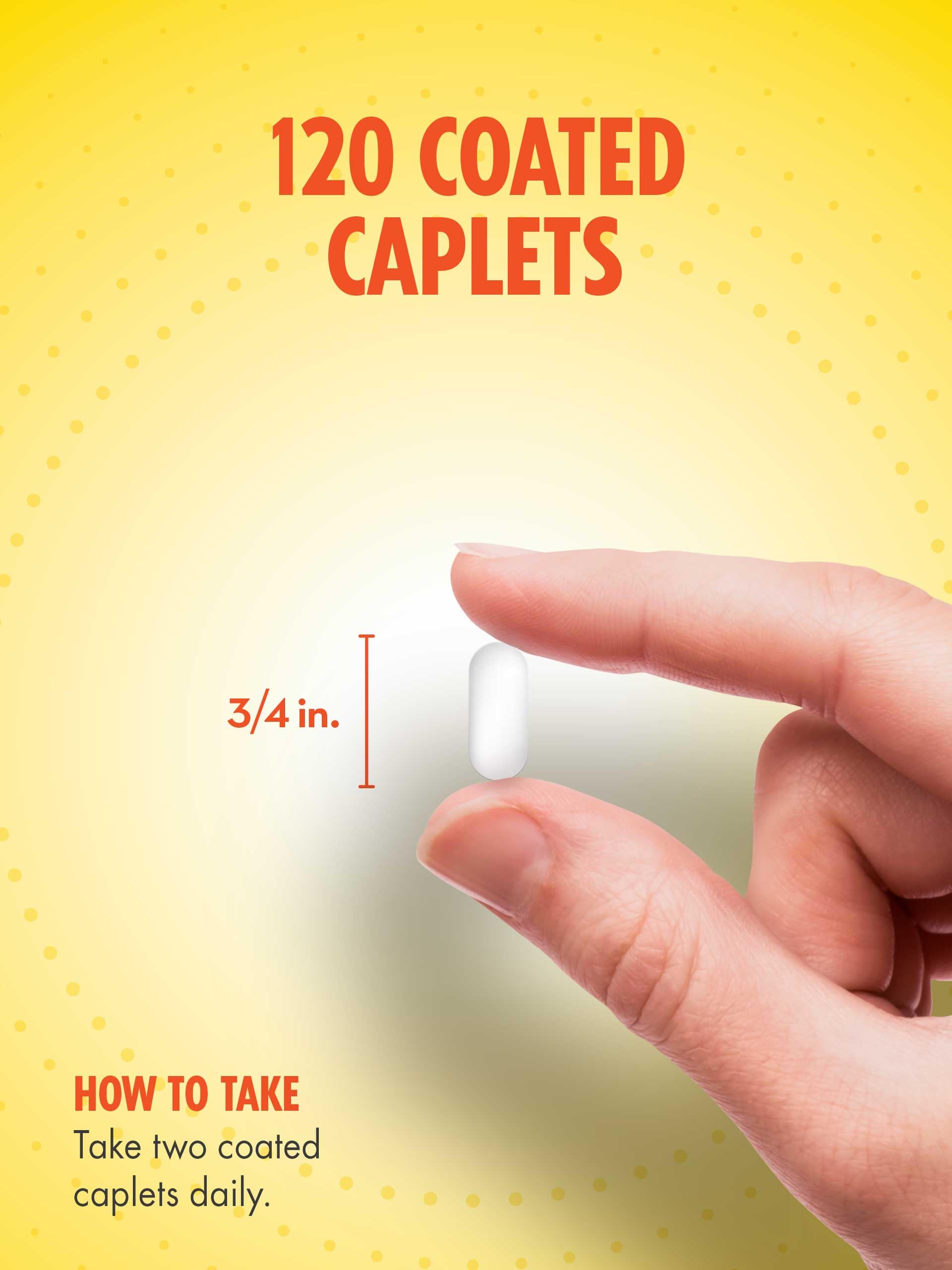 Caplets poured into a hand illustrate convenient, petite daily use.