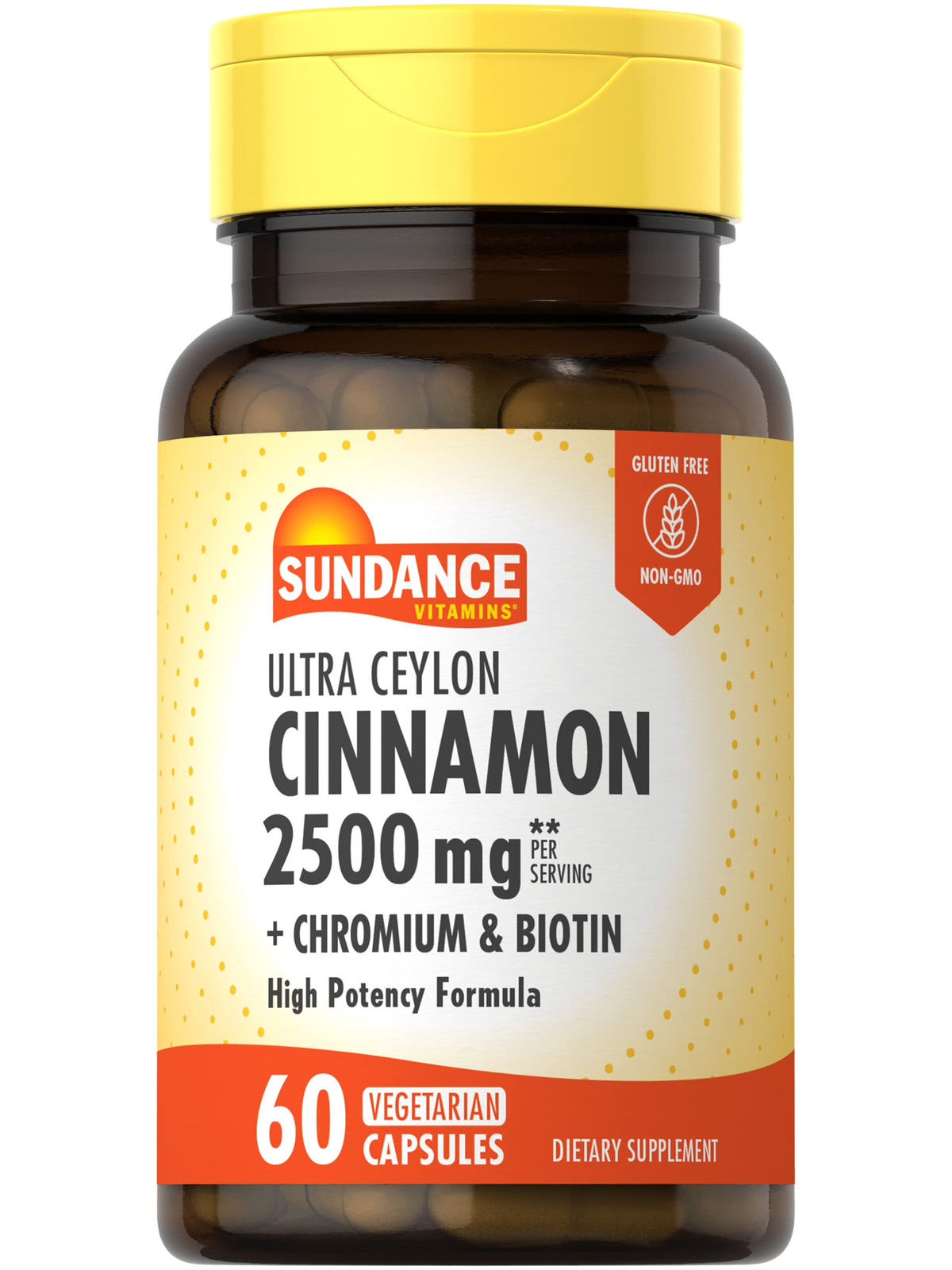 Sundance Ceylon Cinnamon Capsules bottle displaying 60 vegetarian capsules for convenient daily use.
