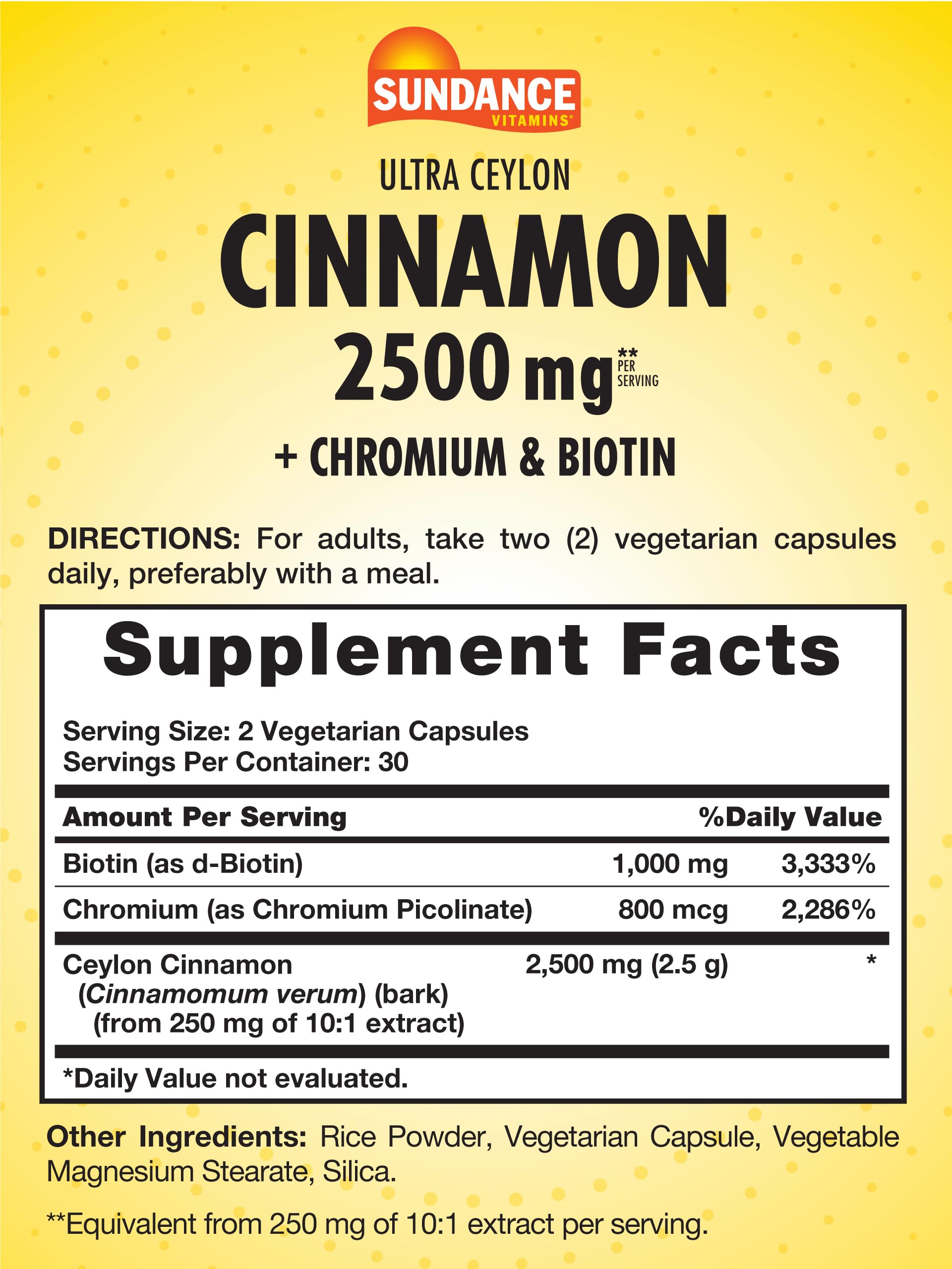 Closeup of Sundance Ceylon Cinnamon Capsules noting easy-to-swallow vegetarian capsules.