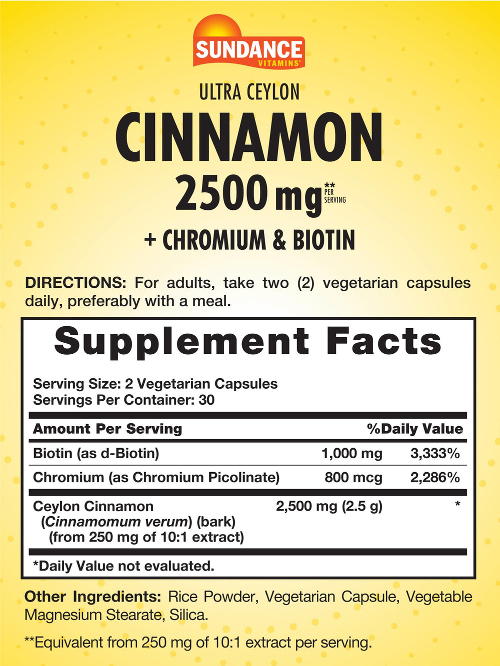 Closeup of Sundance Ceylon Cinnamon Capsules noting easy-to-swallow vegetarian capsules.
