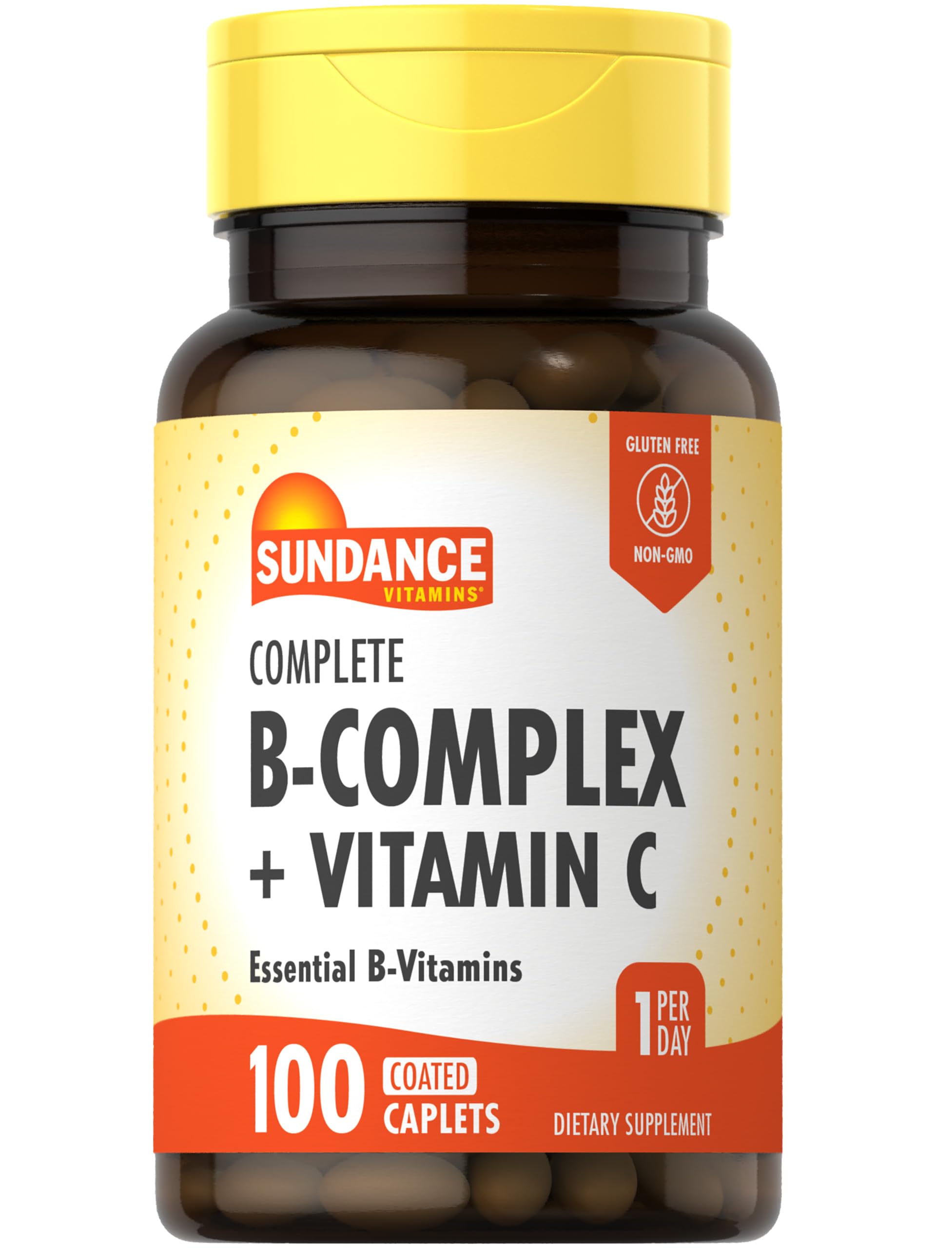 Sundance Complete B-Complex with Vitamin C bottle showcases easy-to-swallow caplets for daily wellness.