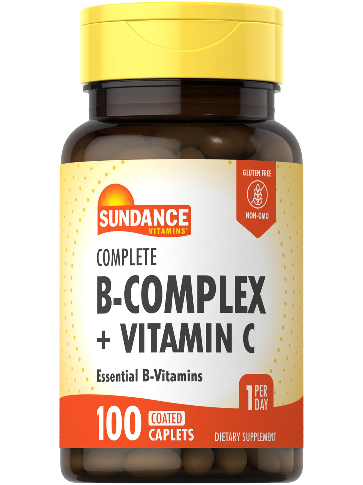 Sundance Complete B-Complex with Vitamin C bottle showcases easy-to-swallow caplets for daily wellness.