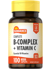 Sundance Complete B-Complex with Vitamin C bottle showcases easy-to-swallow caplets for daily wellness.