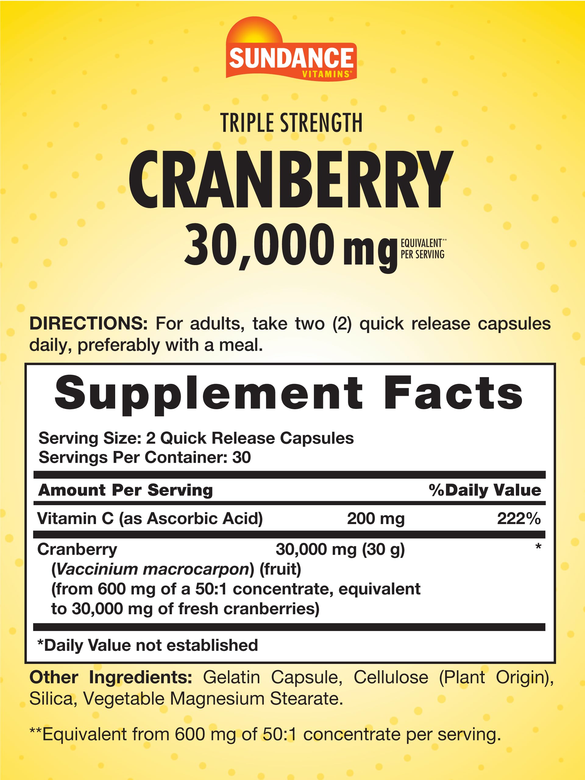 Sundance Cranberry bottle back highlighting Vitamin C content for added support