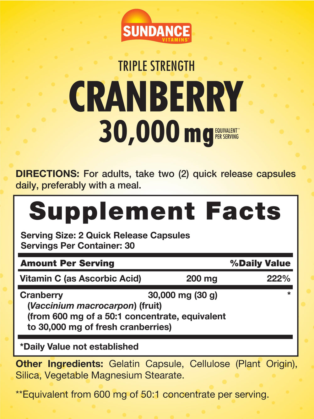 Sundance Cranberry bottle back highlighting Vitamin C content for added support