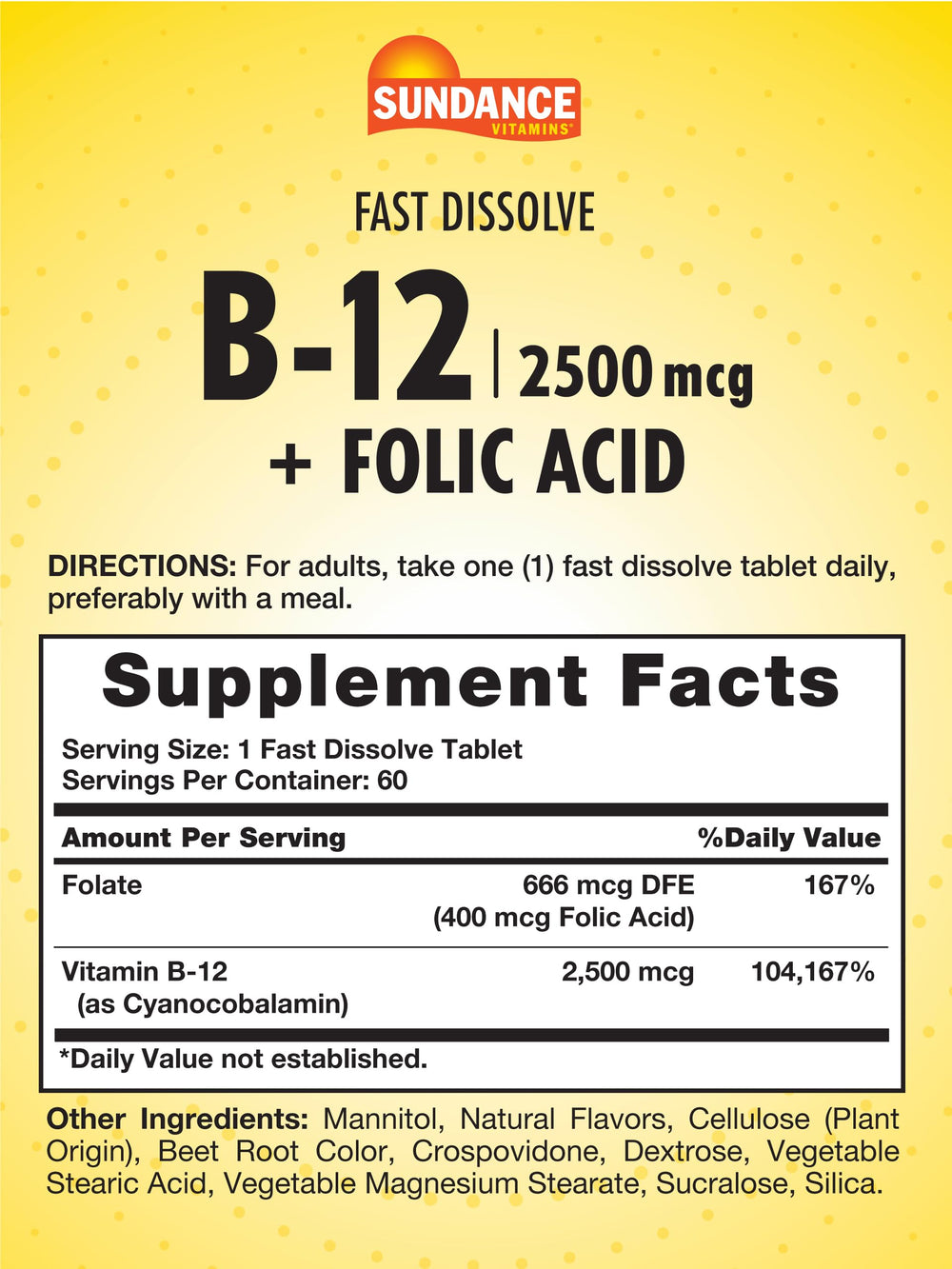 Sundance B-12 bottle front showing berry flavor and vegetarian claim