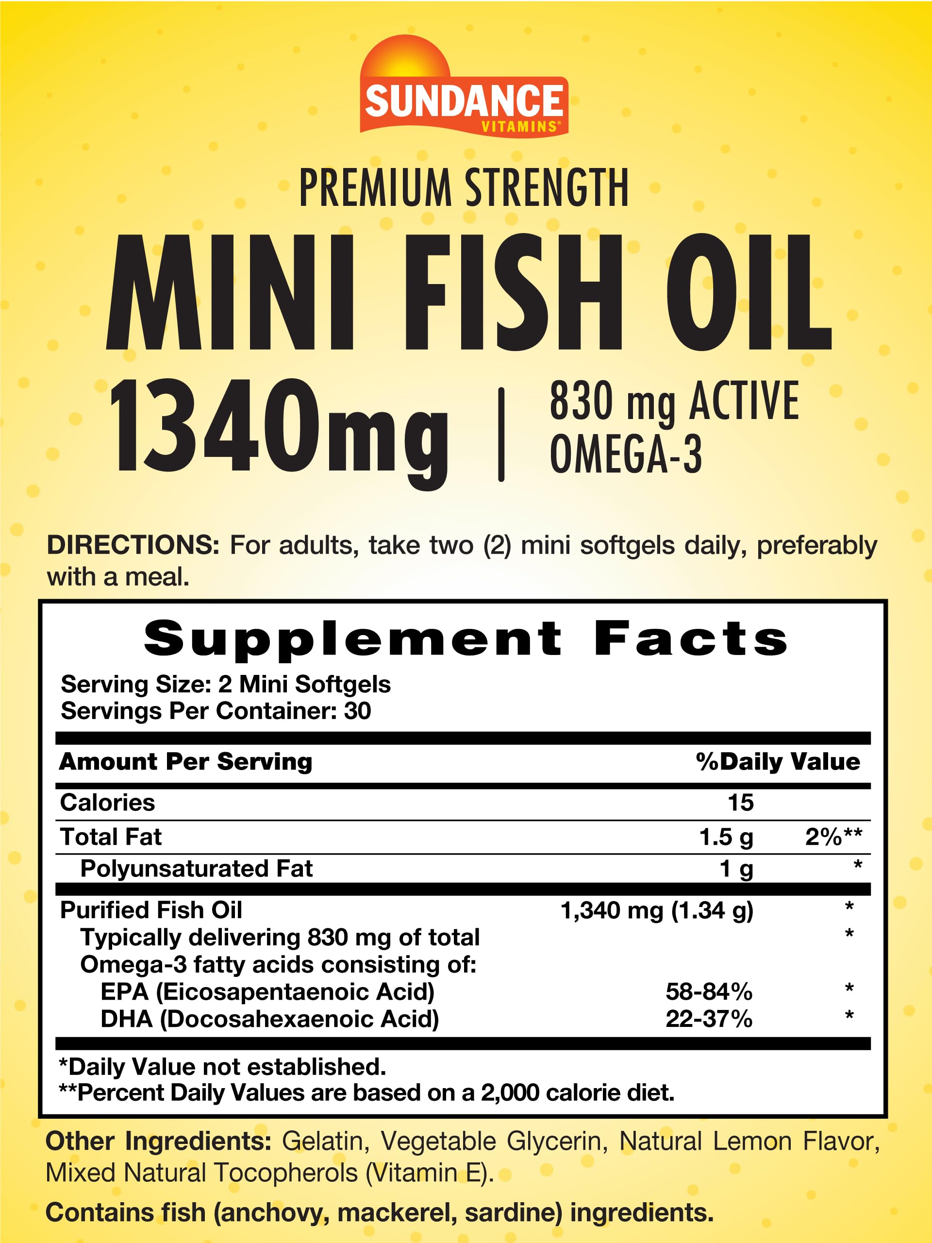 Close-up of Sundance fish oil softgels, easy to swallow.