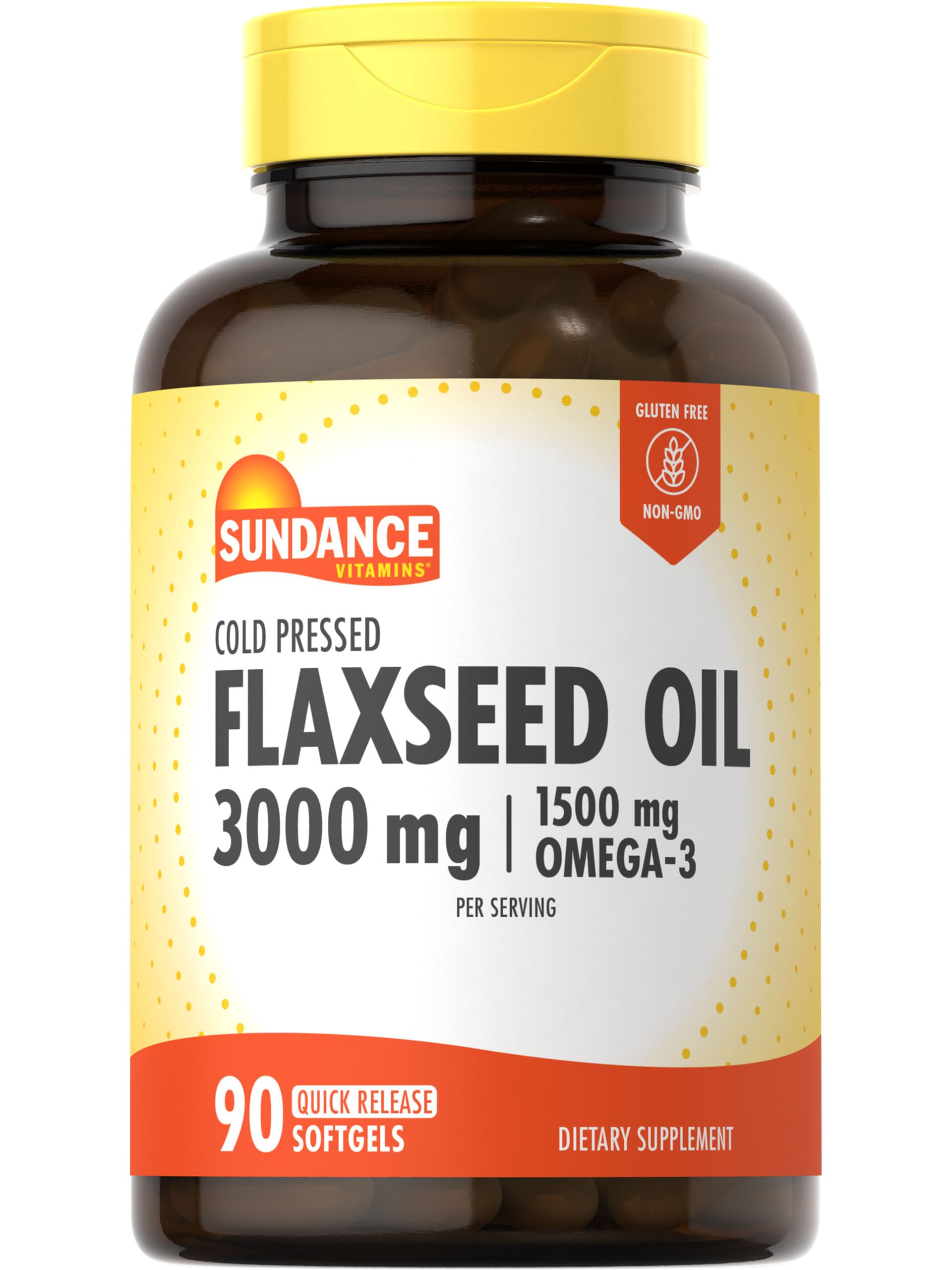 Sundance flaxseed oil bottle shows 3000 mg per serving with cold-pressed purity for daily use.