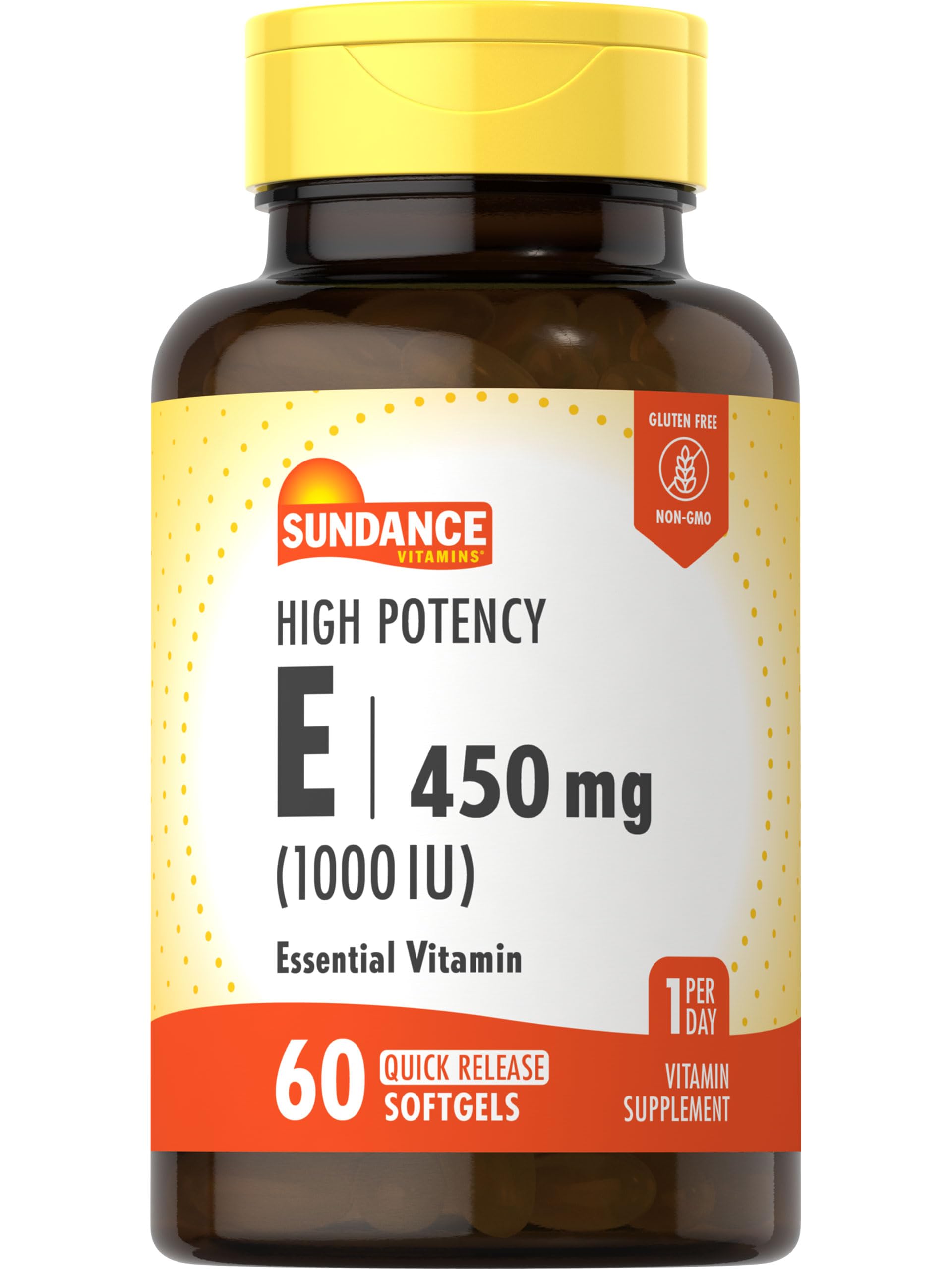 Sundance High Potency Vitamin E bottle with 60 softgels for daily wellness.