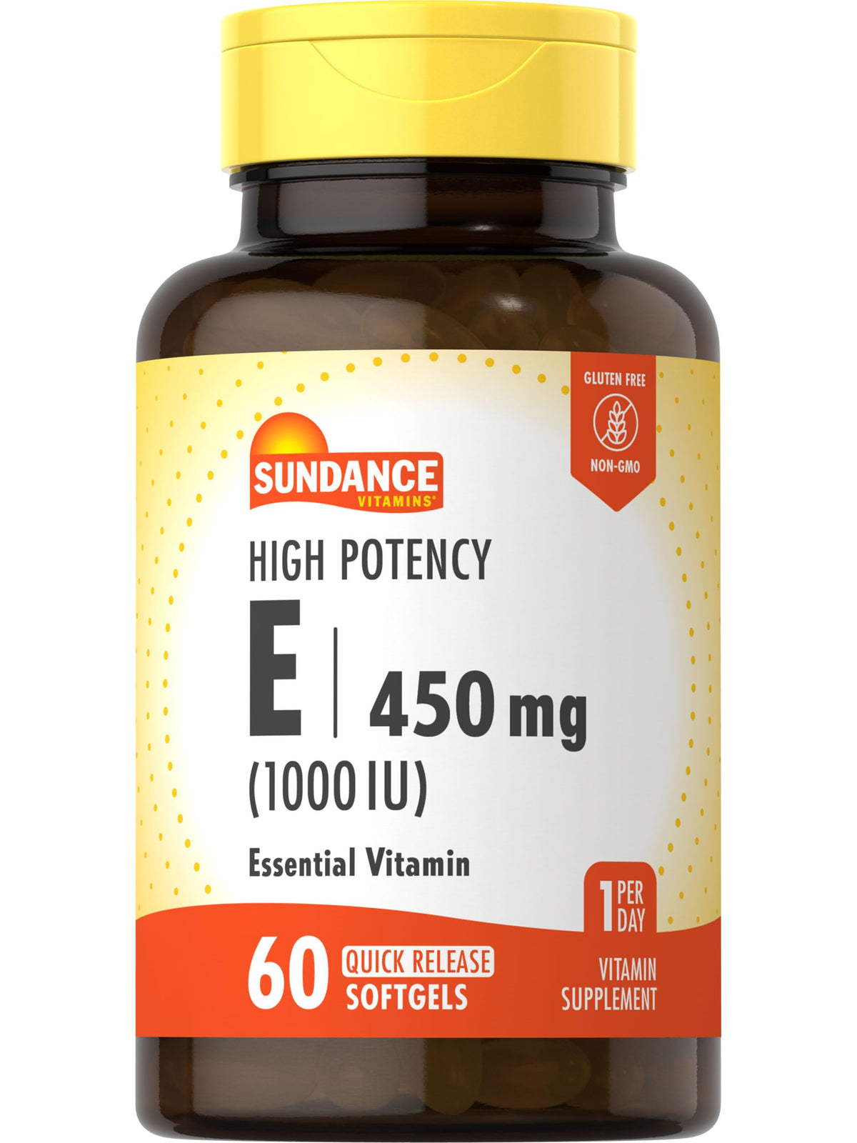 Sundance High Potency Vitamin E bottle with 60 softgels for daily wellness.