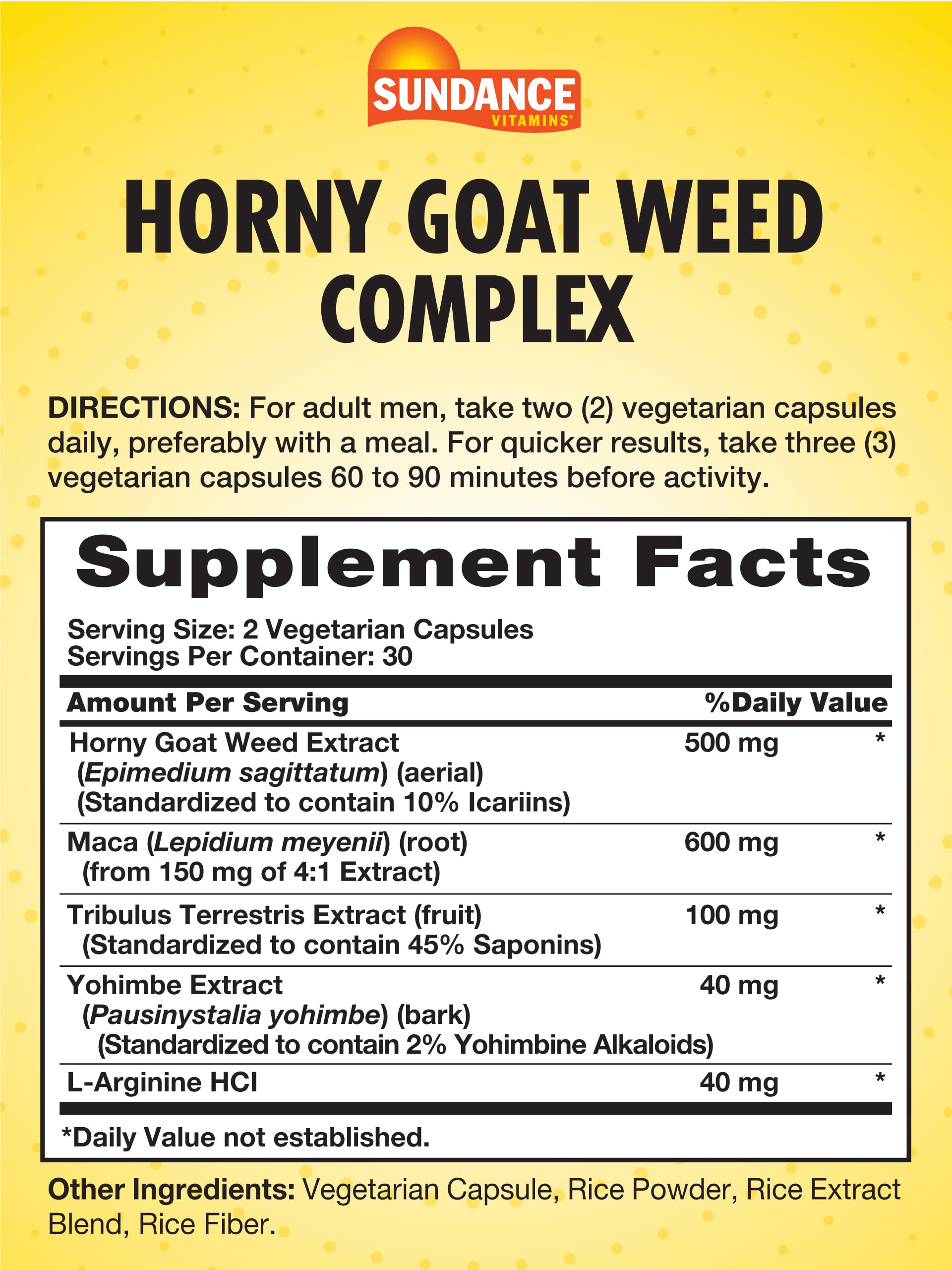 Close-up of Sundance Horny Goat Weed Complex capsules highlighting vegetarian, non-GMO formula for vitality