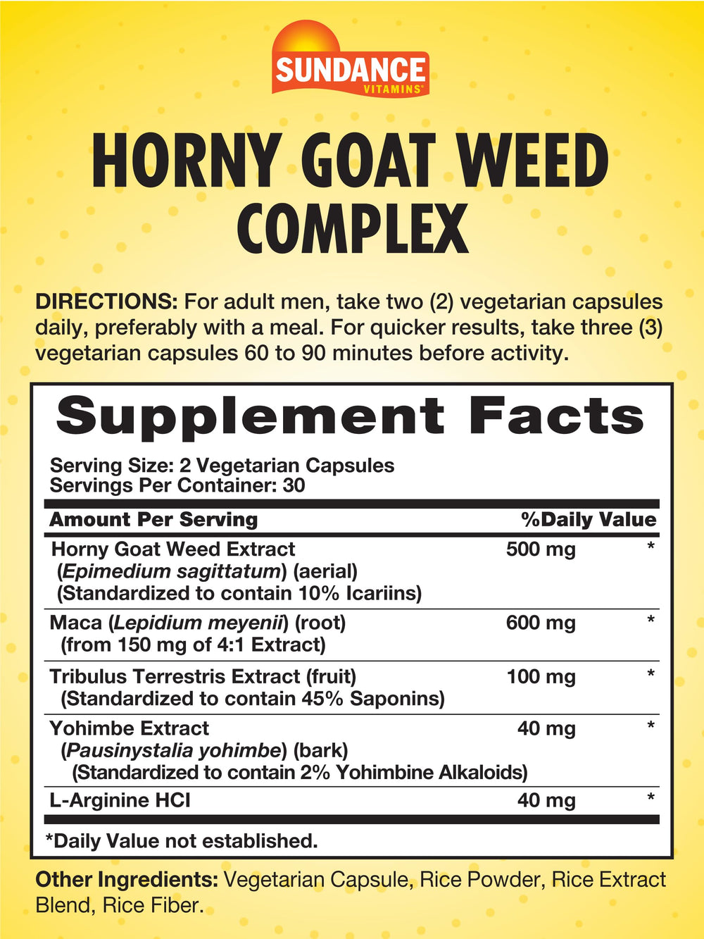 Close-up of Sundance Horny Goat Weed Complex capsules highlighting vegetarian, non-GMO formula for vitality
