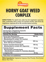Close-up of Sundance Horny Goat Weed Complex capsules highlighting vegetarian, non-GMO formula for vitality