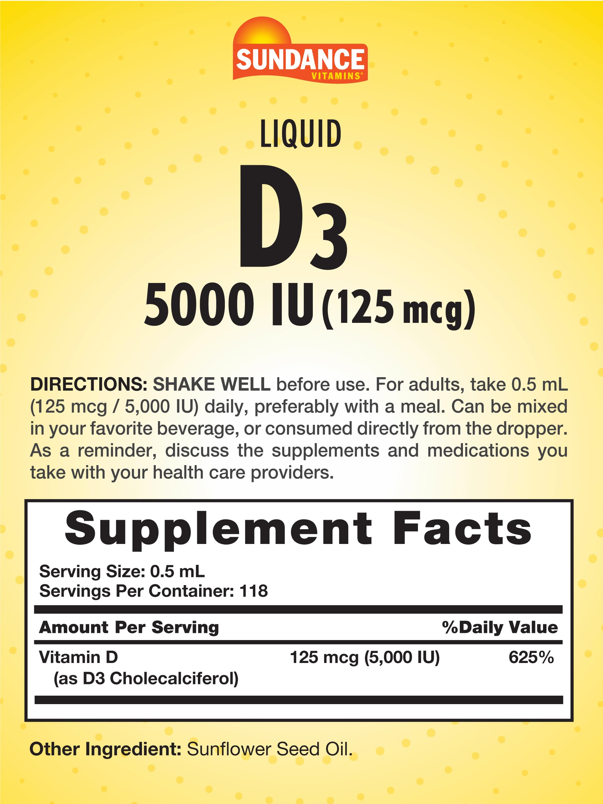 Sundance Liquid D3 5000 IU dropper enables convenient daily supplementation.