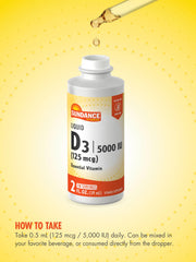 Sundance Liquid D3 5000 IU glass bottle with vegetarian formula for daily support.