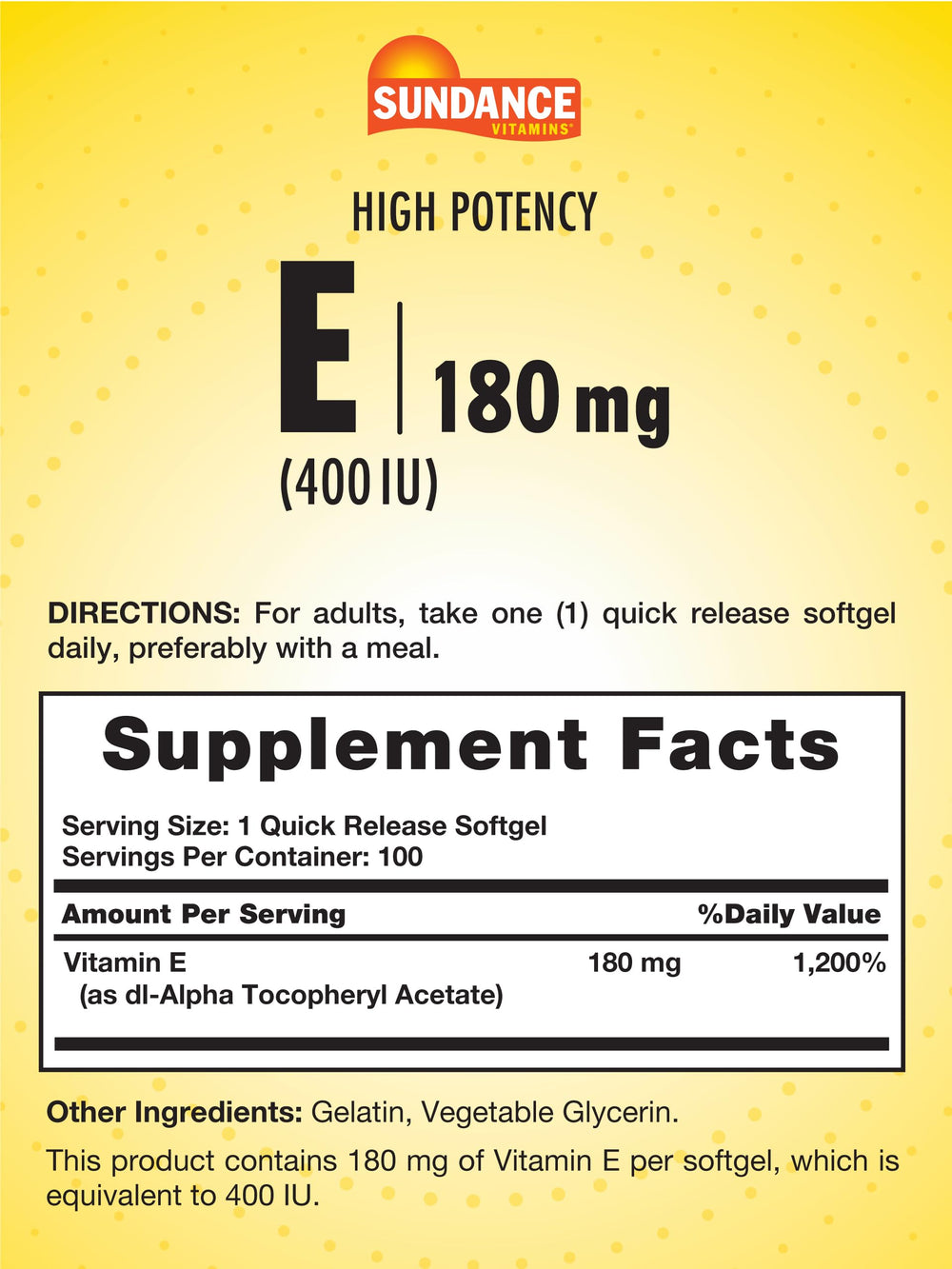 Close-up of Sundance Vitamin E label showing potency.