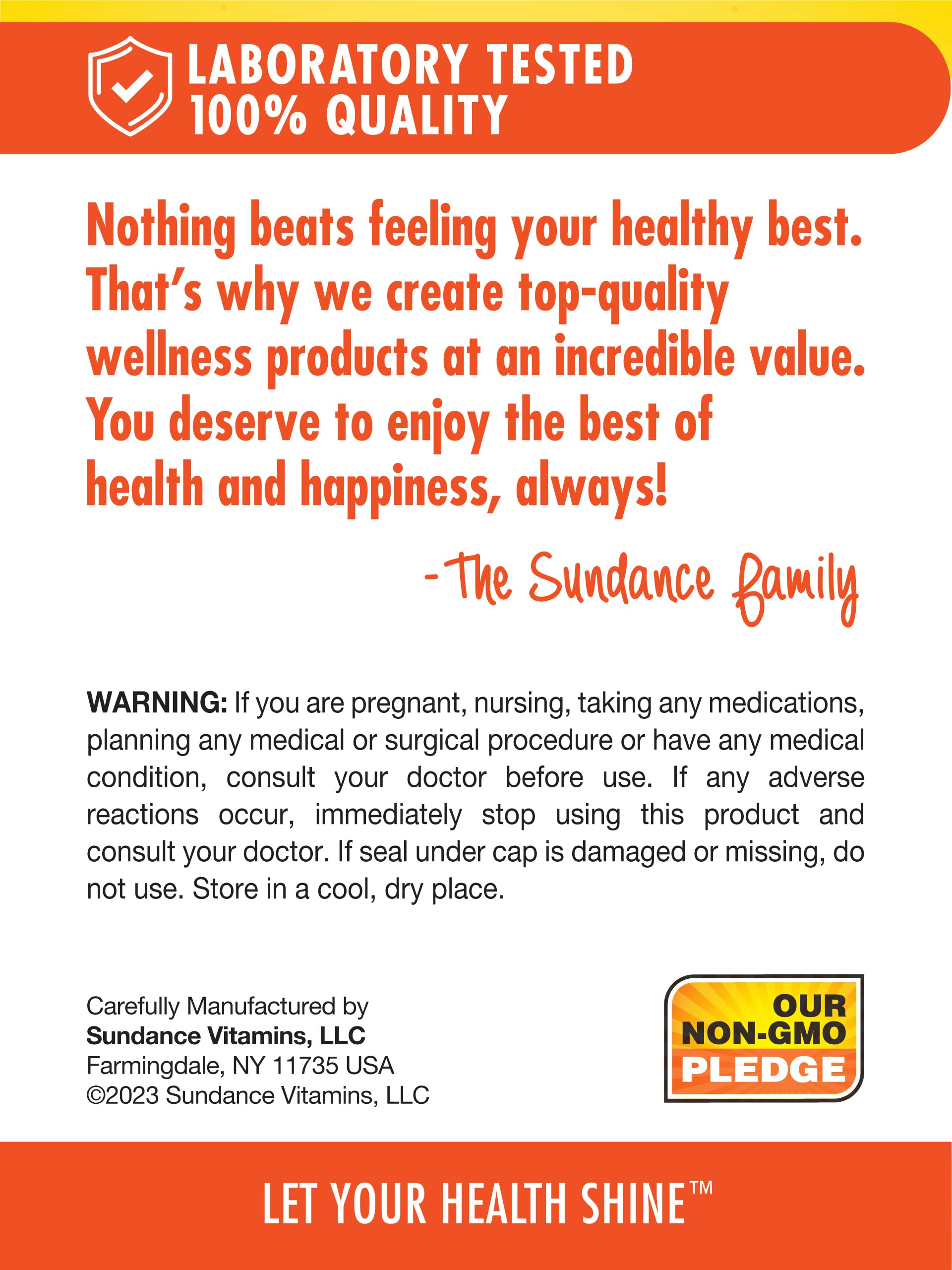 Sundance Vitamin E on a shelf, gluten-free and non-GMO packaging.