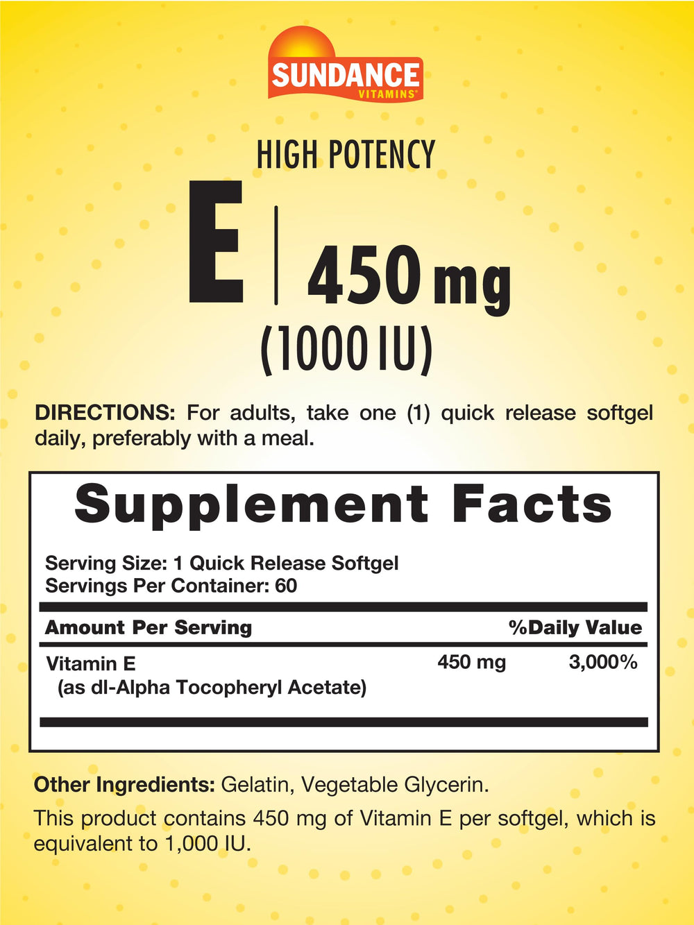 Close-up of Sundance Vitamin E softgels emphasizing quick-release formula.