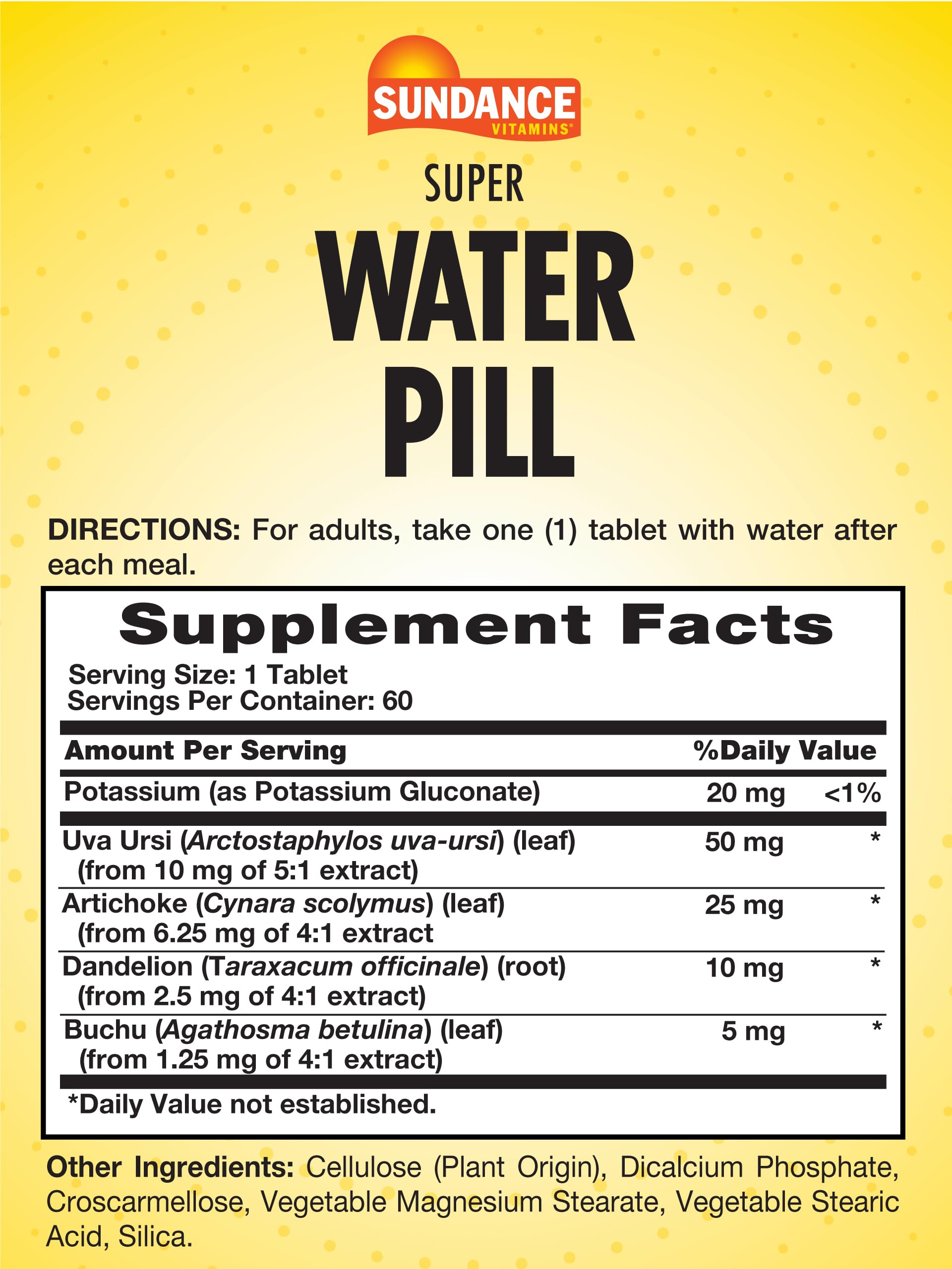 Sundance Water Pills close-up of potassium gluconate per tablet for balance.